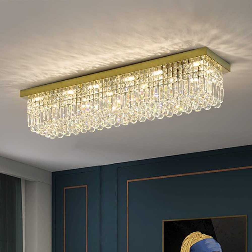 7PM Modern Rectangular Chandelier, 10-Light Flush Mount, Gold Finish, L47" x W10" x H10", Model HLC03712G