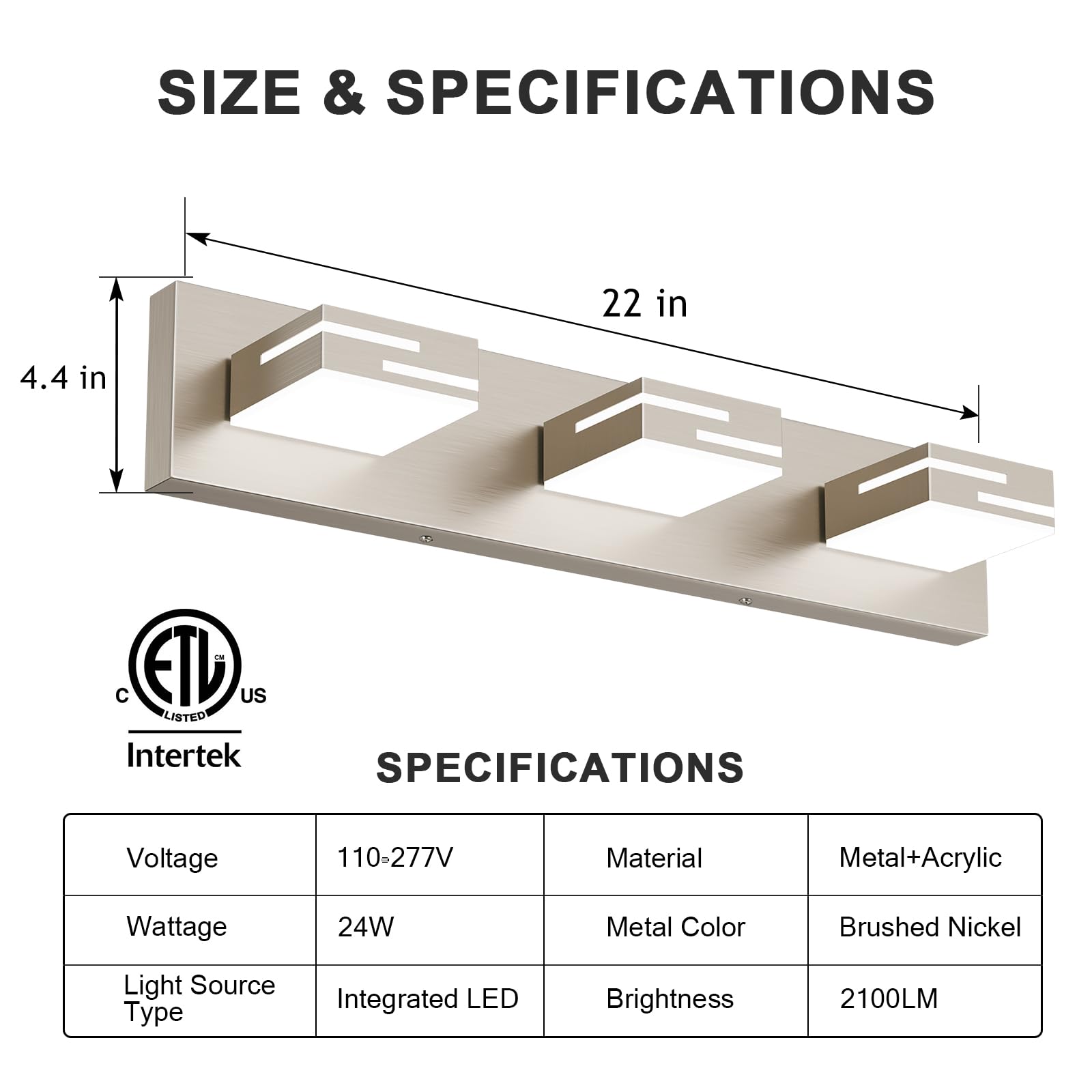 Lkhf Led Modern Bathroom Vanity Light Fixtures  3-Light 22-Inch Dimmable Brushed Nickel Vanity Lights For Bathroom Lighting Fixtures Over Mirror  With 350?Rotatable Acrylic Heads (Cool White 6000K)