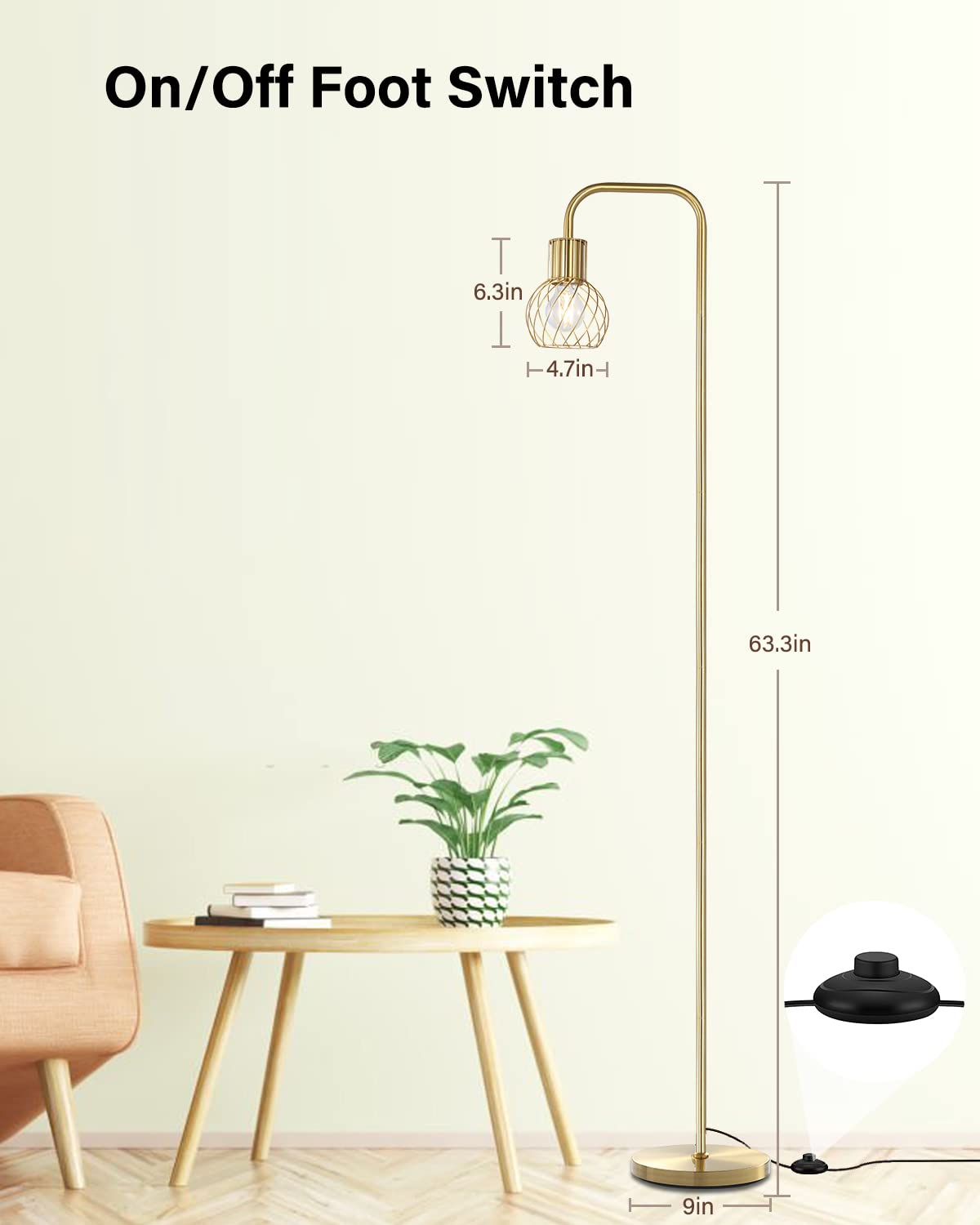 Auquee Brass Gold Floor Lamp - Modern Industrial Standing Lamp With Led Bulb & Foot Switch