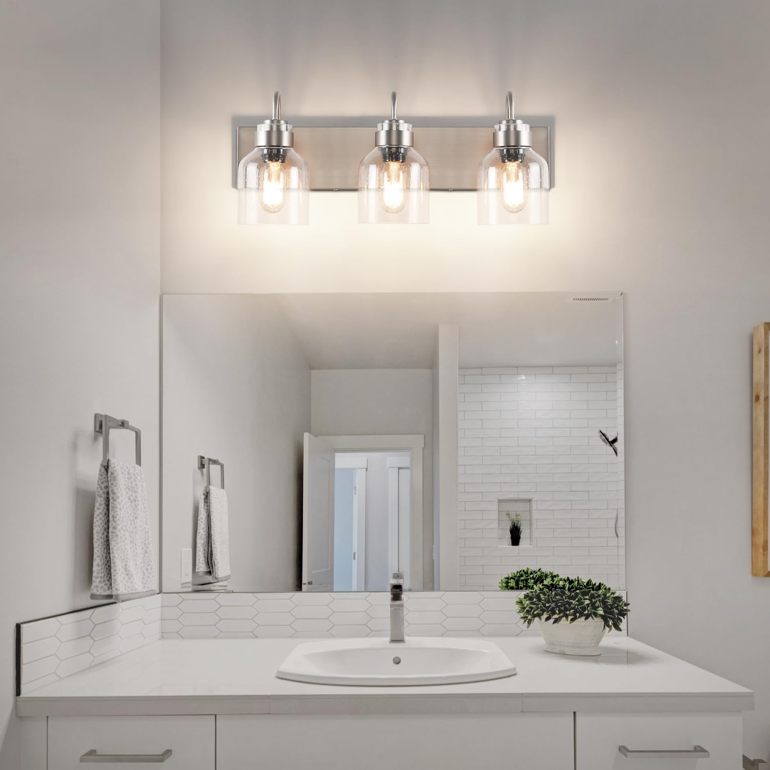 PRESDE 3-Light Bathroom Vanity Light Fixtures Brushed Nickel with Bubble Glass Shades