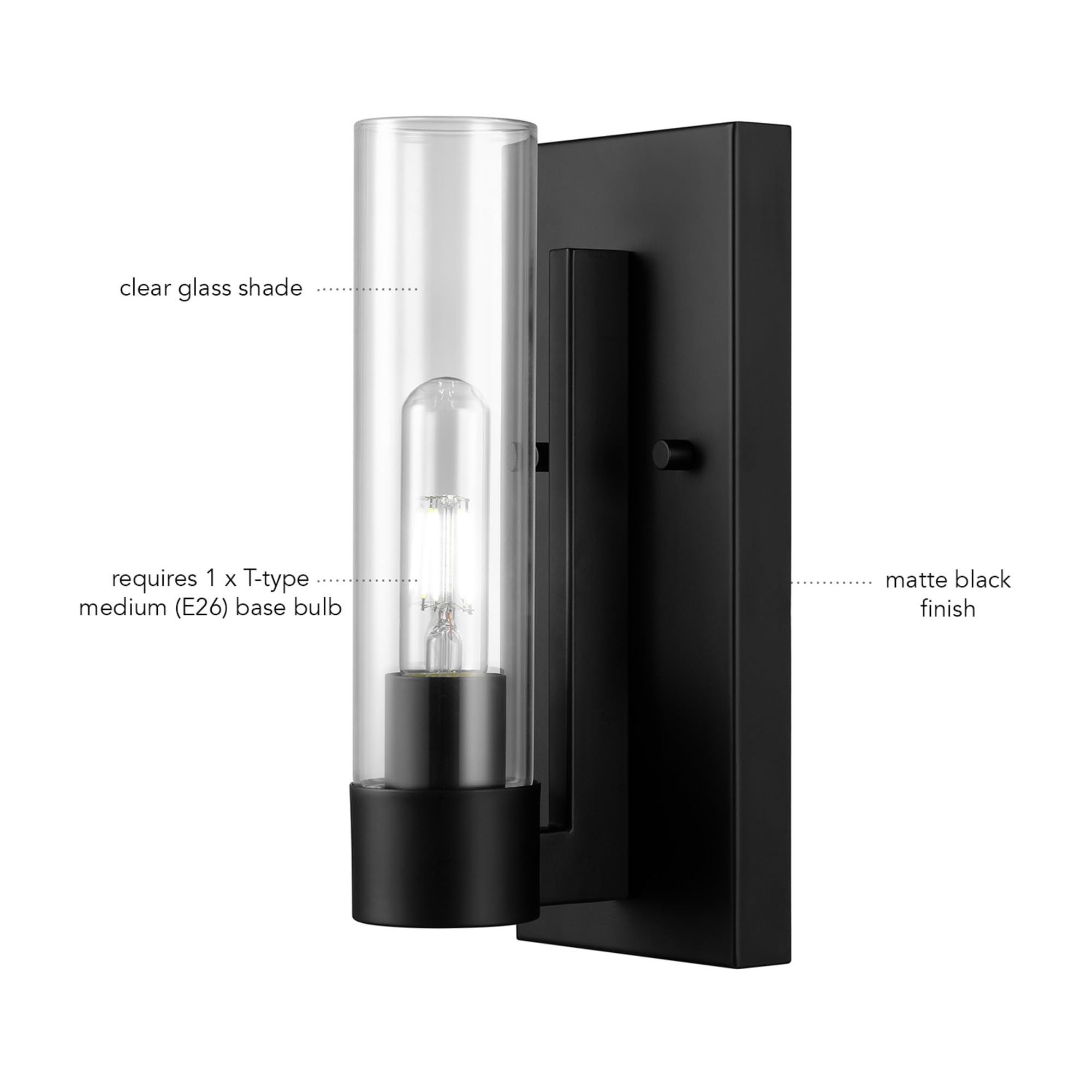 Globe Electric 65000104 1-Light Wall Sconce, Matte Black, Glass Shade, Wall Lights For Living Room, Bedroom, Den, Mounted Bedsid