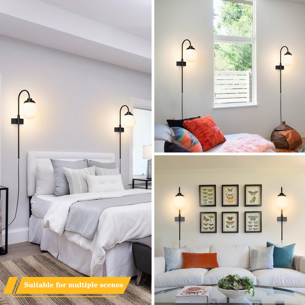 Daunton Plug in Wall Sconces Set of 2, Adjustable Metal Lights, Black ...