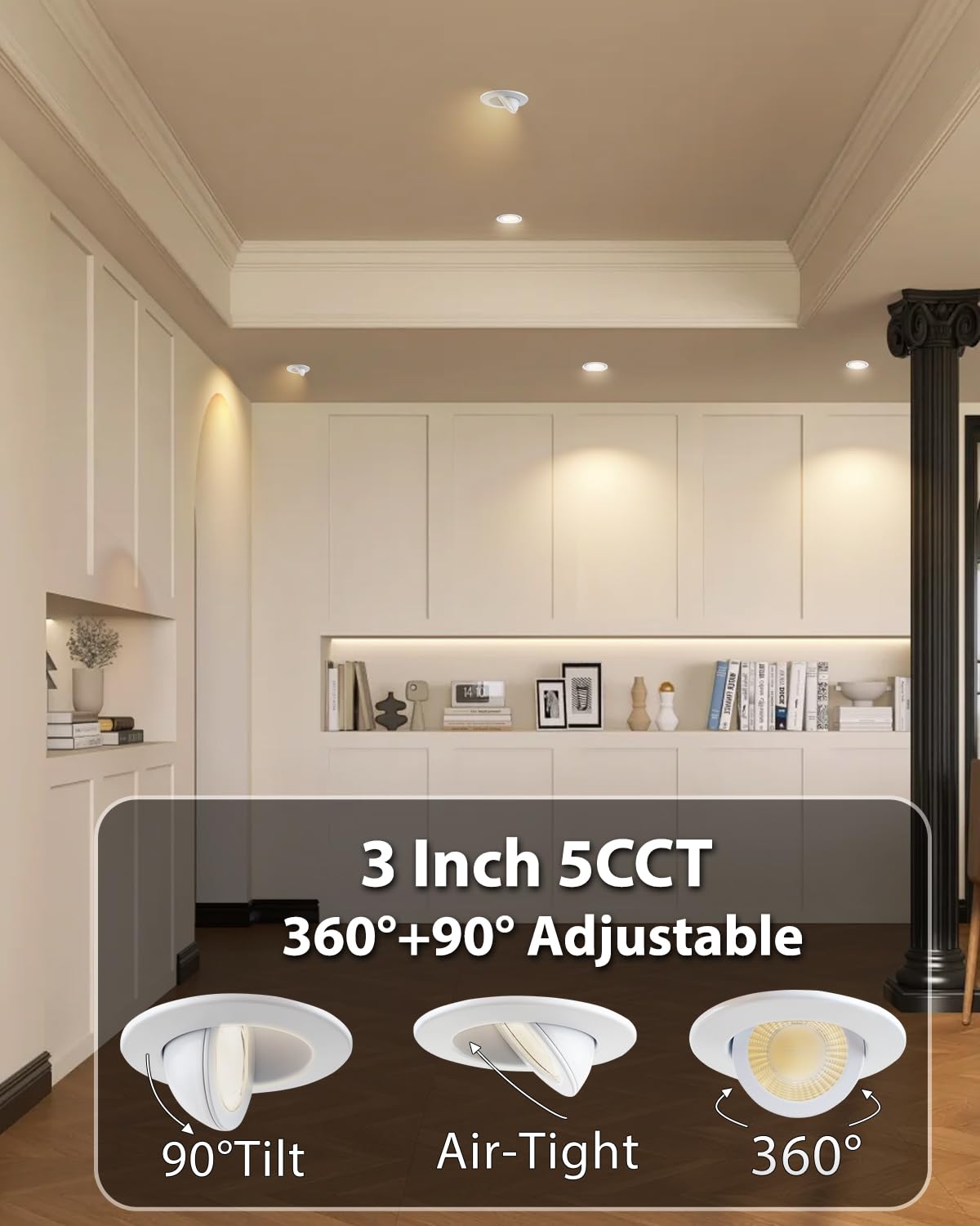 Adetu 3 Inch Gimbal LED Recessed Lighting, 5CCT Selectable, 7W (80W Eqv), 800LM Bright, White, Model 3IN-W