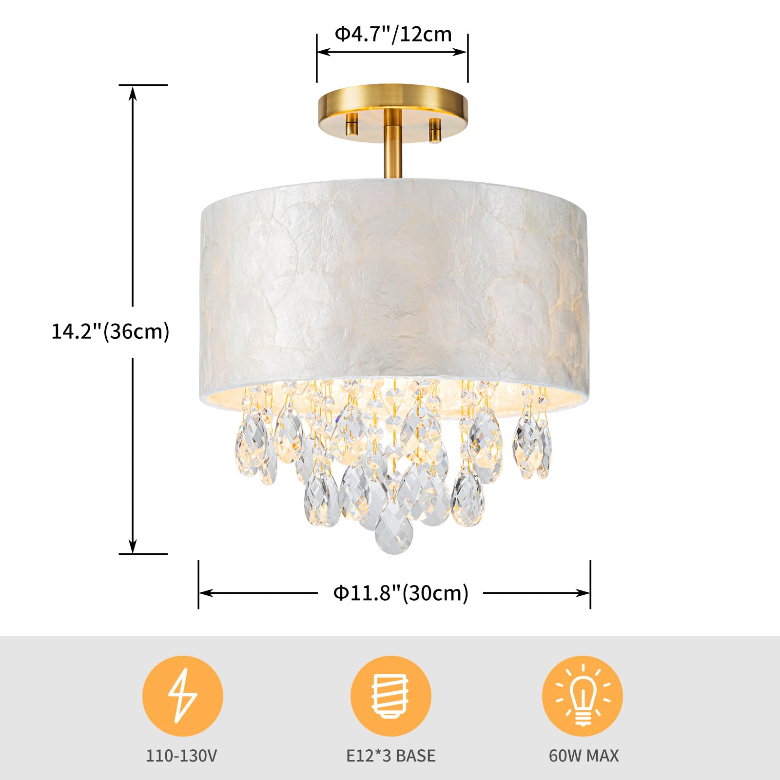 Lumfurn 3-Lights Capiz Shell Crystal Ceiling Light, Coastal Design Flushmount Drum Light Fixture For Dining Room, Living Room, B