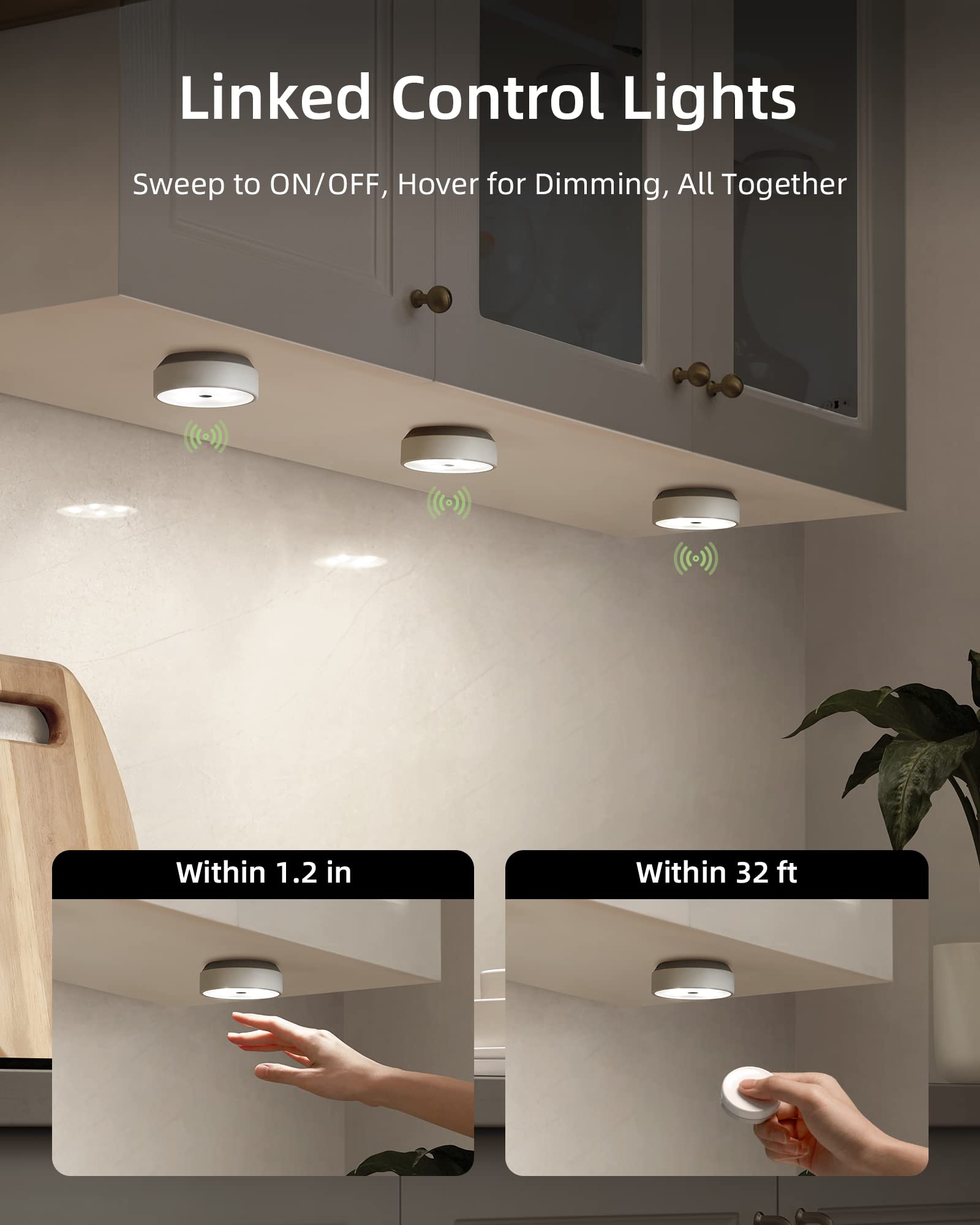 EZVALO Puck Lights - Rechargeable LED Under Cabinet Lighting, Dimmable, Pack of 6, Grey/White, Model PUCK LIGHT