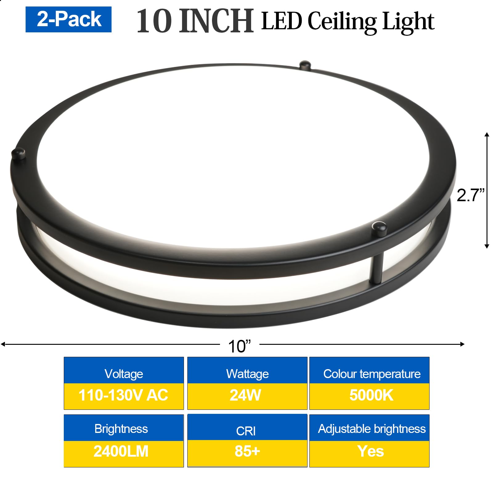 OOWOLF LED Ceiling Light, 10 Inch, 24W Brightness Adjustable, Black, 2-Pack, Model CT65NB2, Daylight White