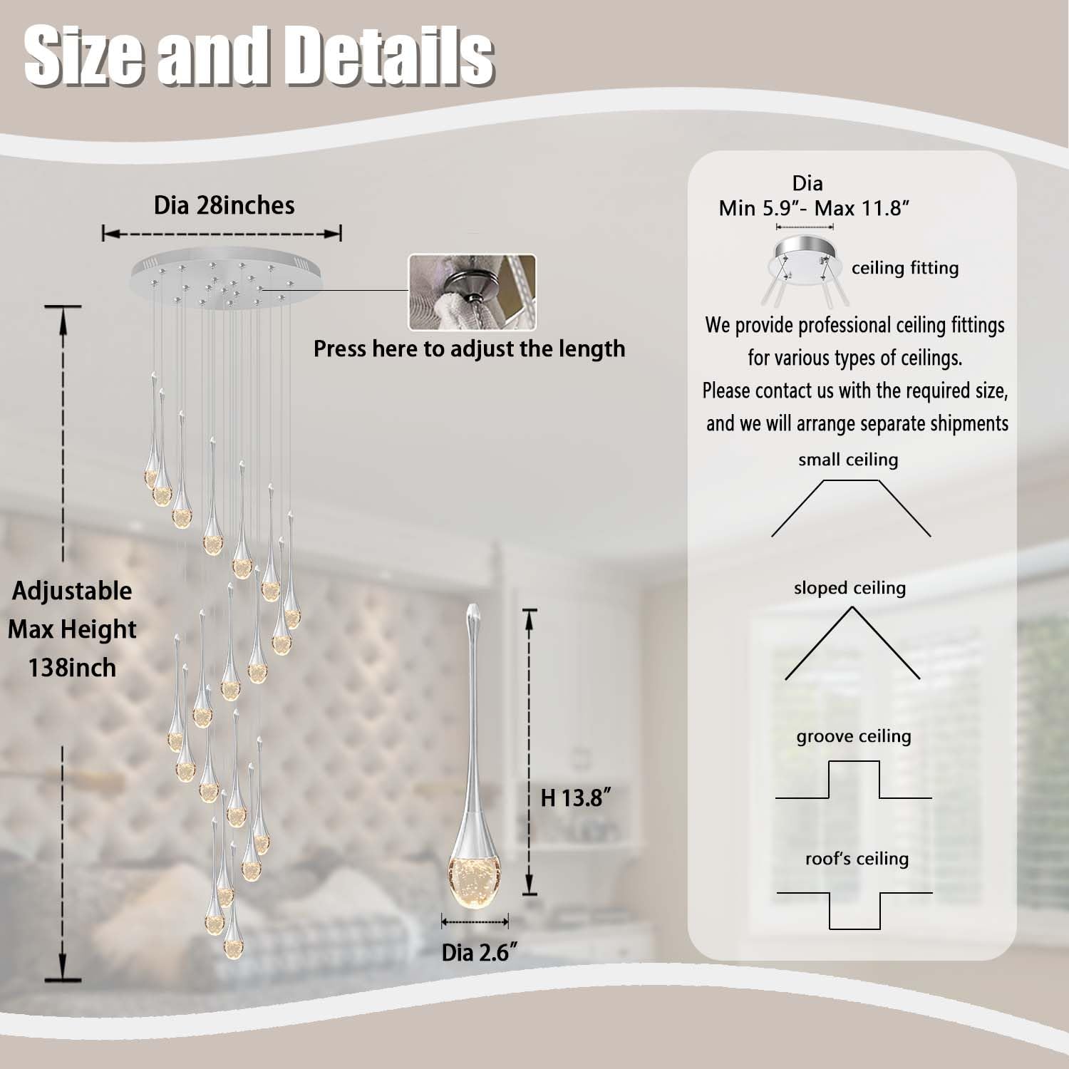 ykolupty Raindrop Crystal Chandelier, 138'' High Ceiling Pendant Light, 20-Lights, LED 2700-6000K, Silver Finish