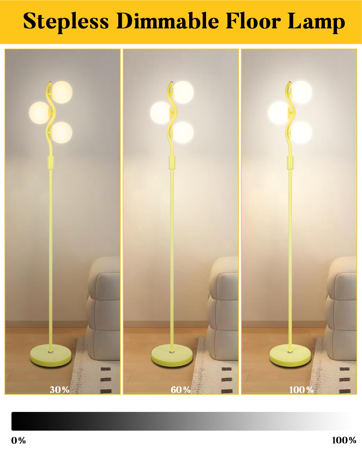 Lightdot 60IN 3-Globe Green Floor Lamp, Dimmable, Stepless Brightness, Modern Tall Design for Bedroom/Office - Model LFLL