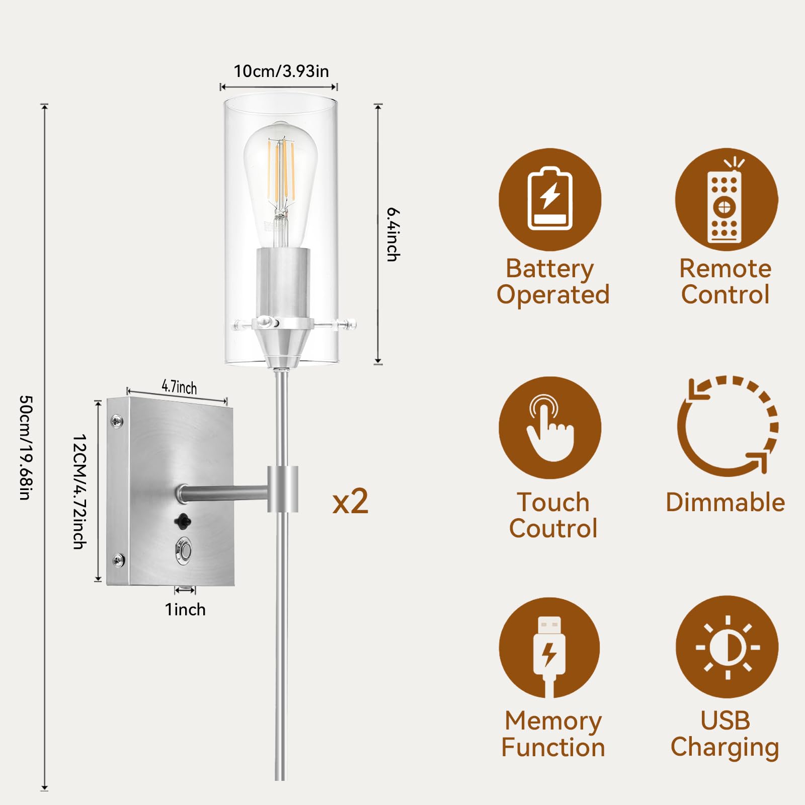 Aibisod 3-Color Battery Operated Wall Sconces With Remote Control Dimmable Battery Wall Sconces Set Of Two, Nickel Rechargeable