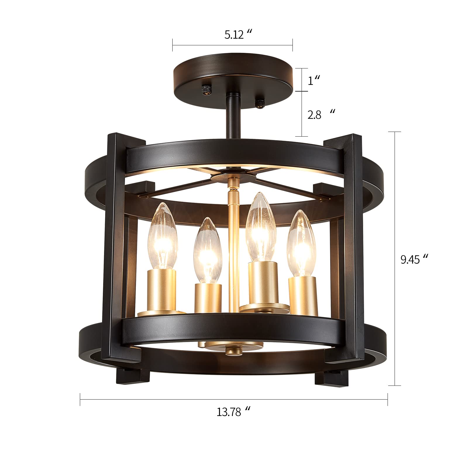 Meixisue 4-Light Semi Ceiling Light Flush Mount Bk+Gd Farmhouse Rustic Vintage Antique Ceiling Light Fixture For Hallway Entrywa