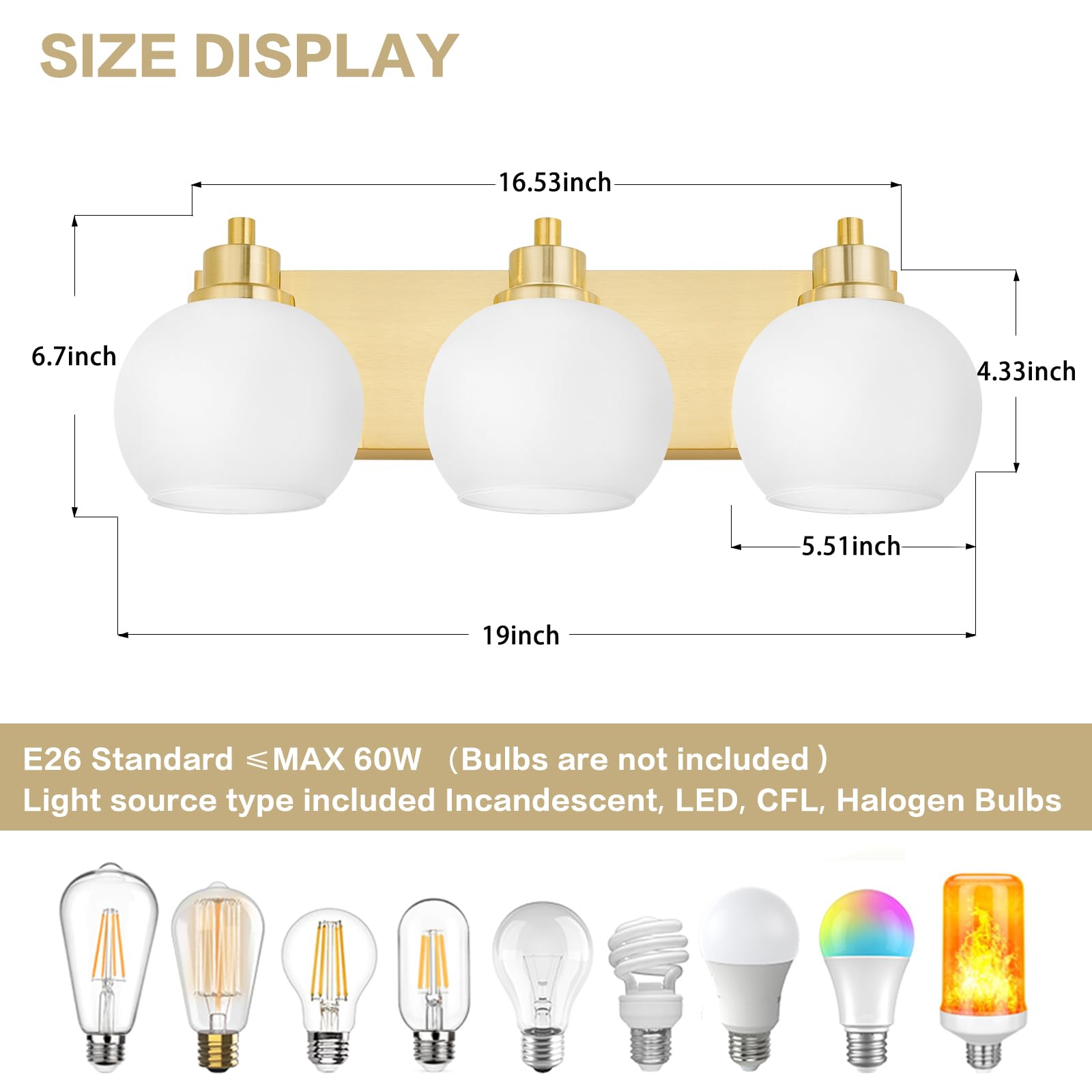 Tuscarora Gold Bathroom Light, 3-Light Brushed Gold Vanity Fixture with Milk Glass Shade, Model VL047