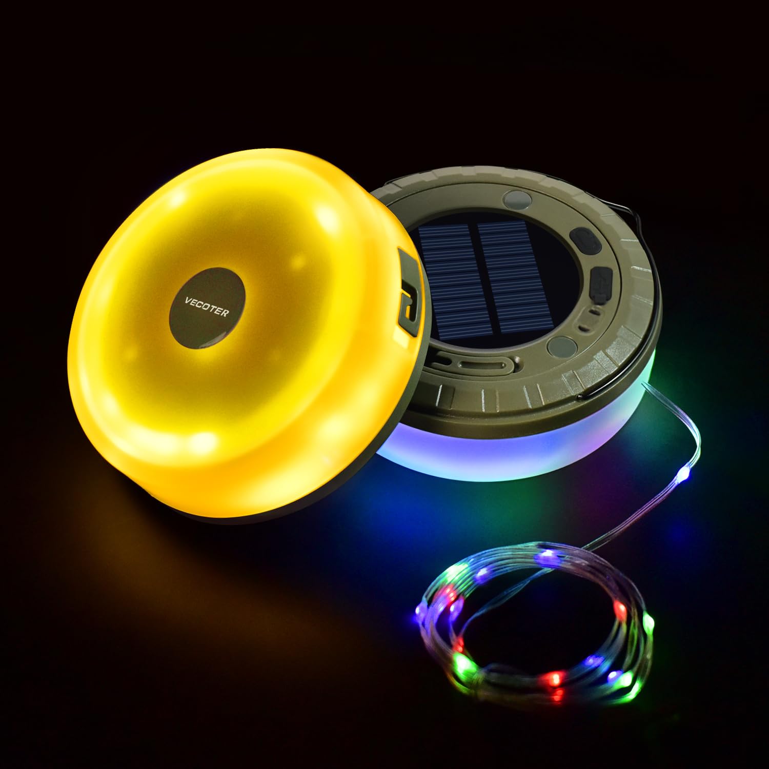 Vecoter Solar Camping String Lights 1-Pack, 2 in 1 Rechargeable Camping Lights with 5 Modes, Waterproof Portable Tent Lighting f