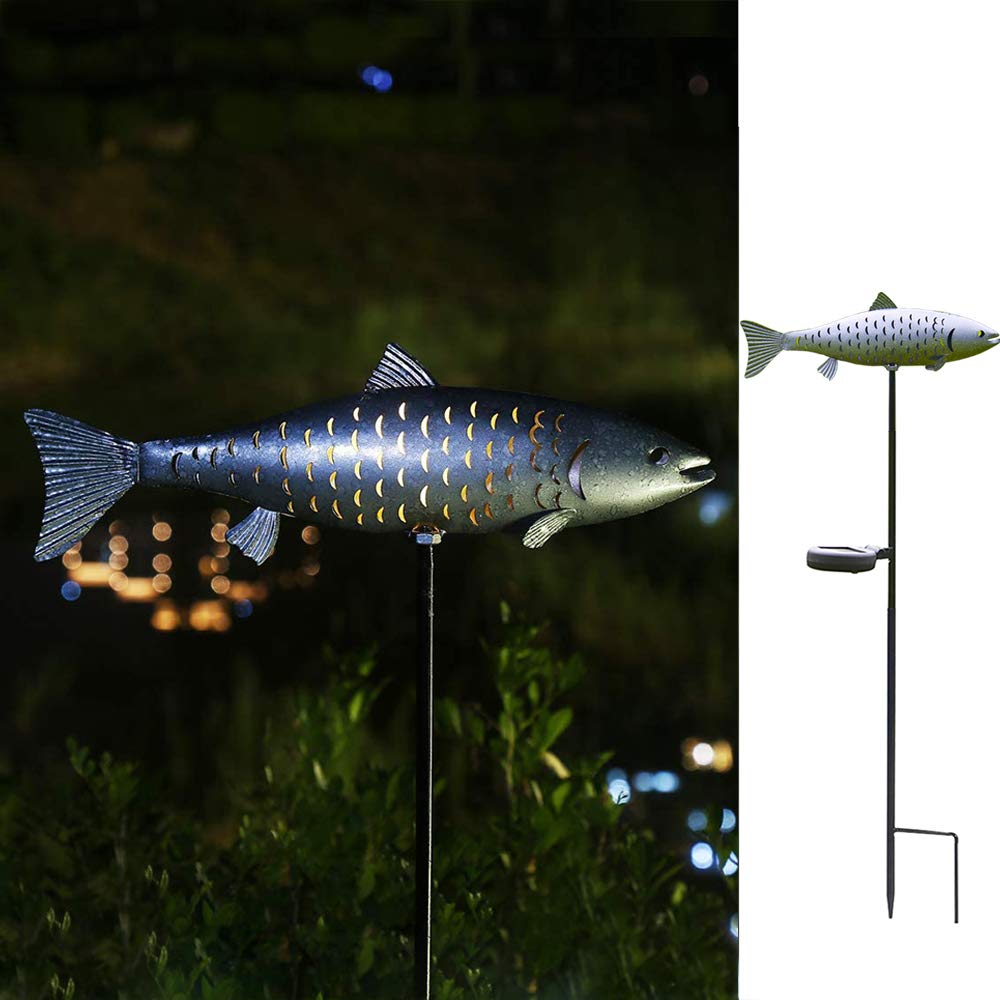 KAIXOXIN Solar Garden Lights Metal Fish Stake, Warm White LED for Outdoor Patio, Silver-2, Model DSM017S