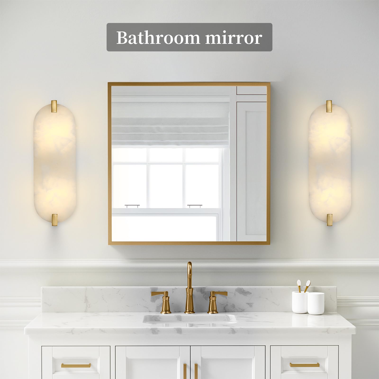 Cjy Chenjinyan 2 Pack 2 Light Oval Alabaster Marble Bathroom Wall Sconce Modern Concise Style Wall Light Fixture,Brushed Bronze