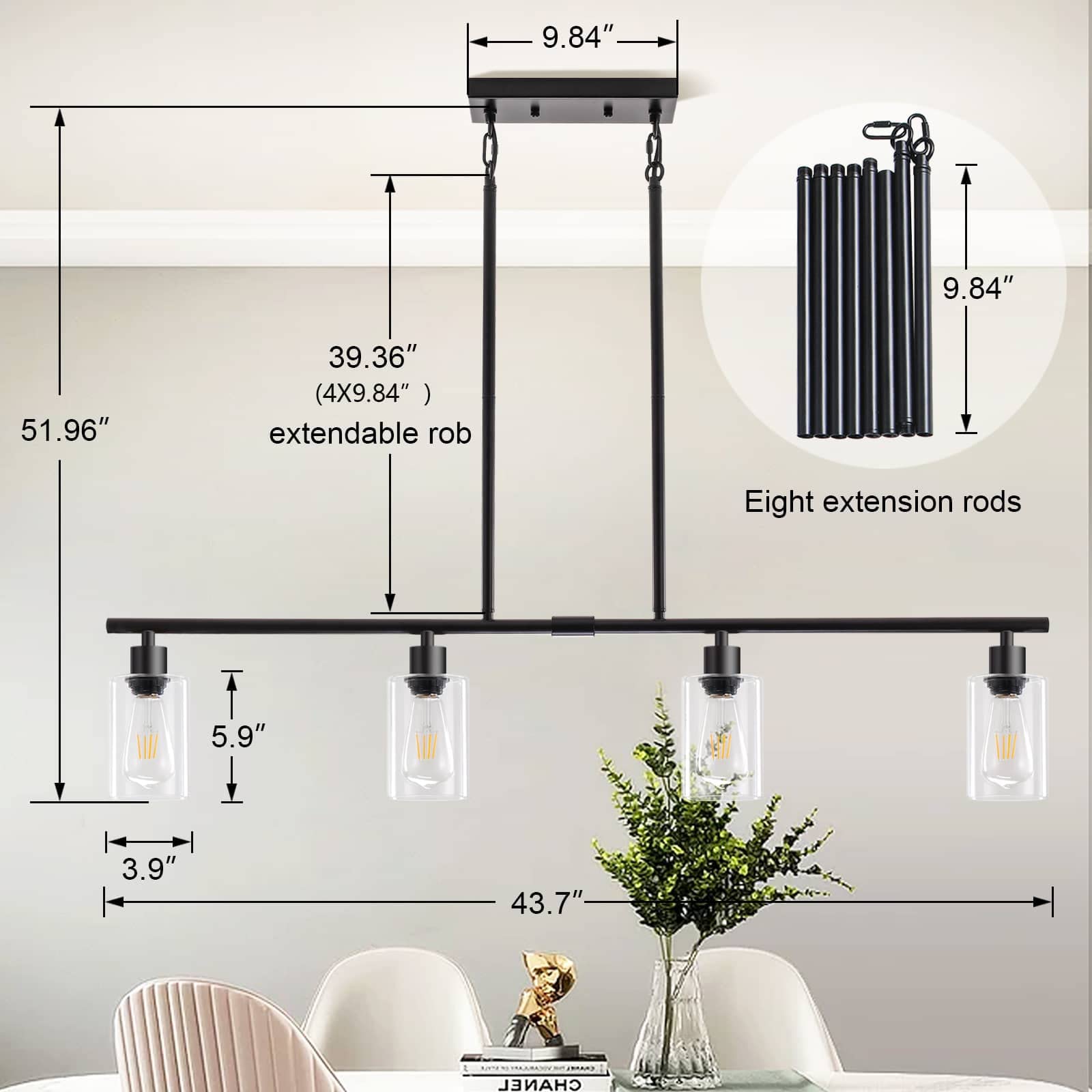 Yarlkav 4-Light Kitchen Island Lighting - Black Metal Linear Chandelier Pendant Light with Glass Shades for Dining Room Farmhouse