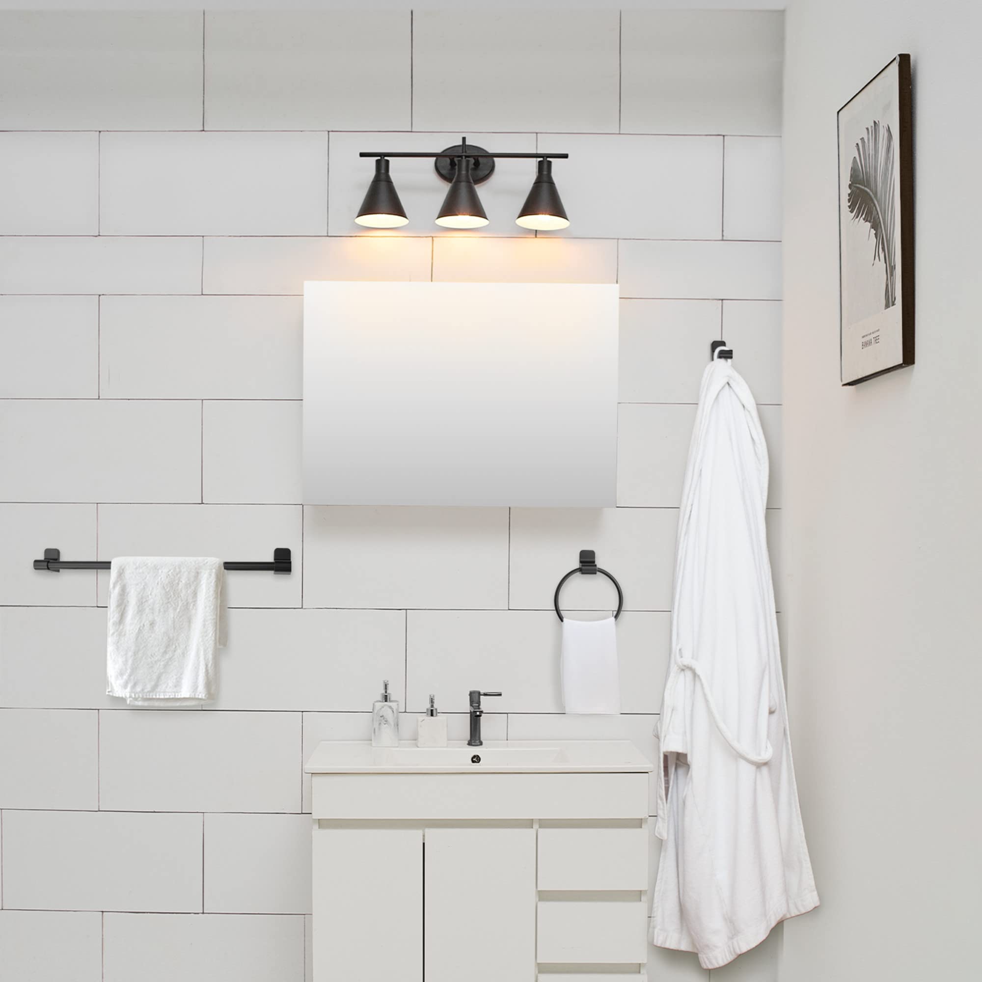 Globe Electric 52060 Tristan 5-Piece All-In-One Bathroom Set, Matte Black, 3-Light Vanity Light, Towel Bar, Toilet Paper Holder,