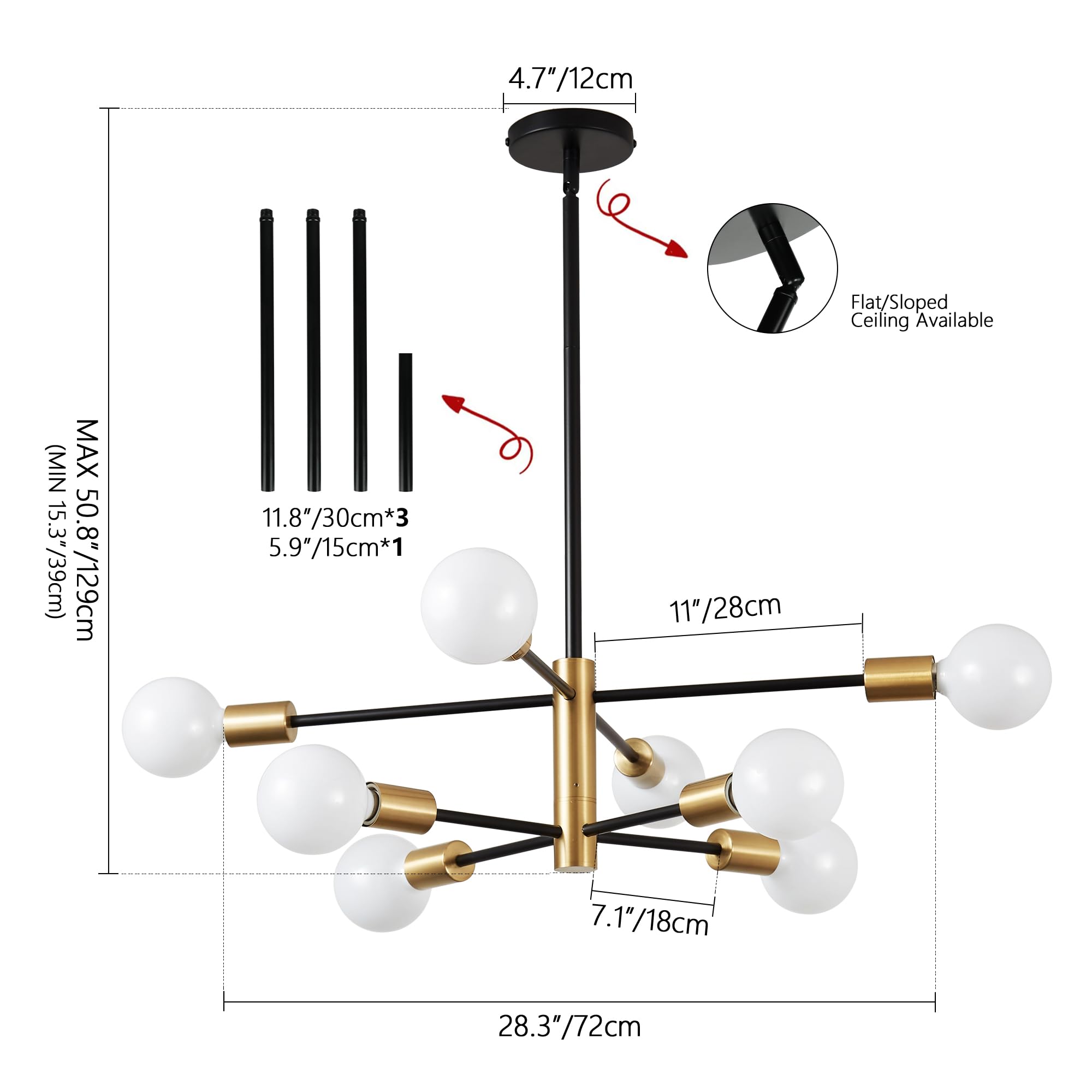 KAISITE Modern 8-Light Sputnik Chandelier - Adjustable Black and Gold Fixture for Bedroom, Living Room, Dining Room, Kitchen
