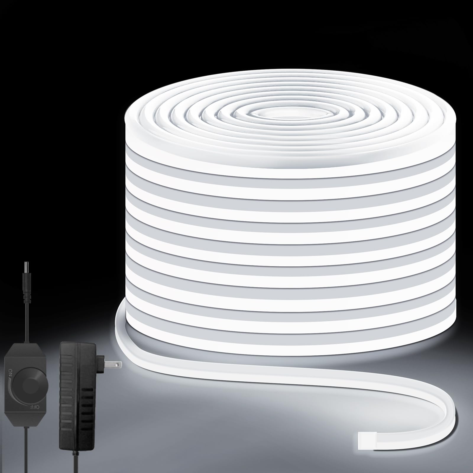 Lucienstar Neon Rope Lights 32.8ft  6000K White Dimmable LED Band Lights  24V Flexible Cuttable IP67 Waterproof LED Rope Lights for Bedroom Indoor Outdoor (Power Adapter Included)