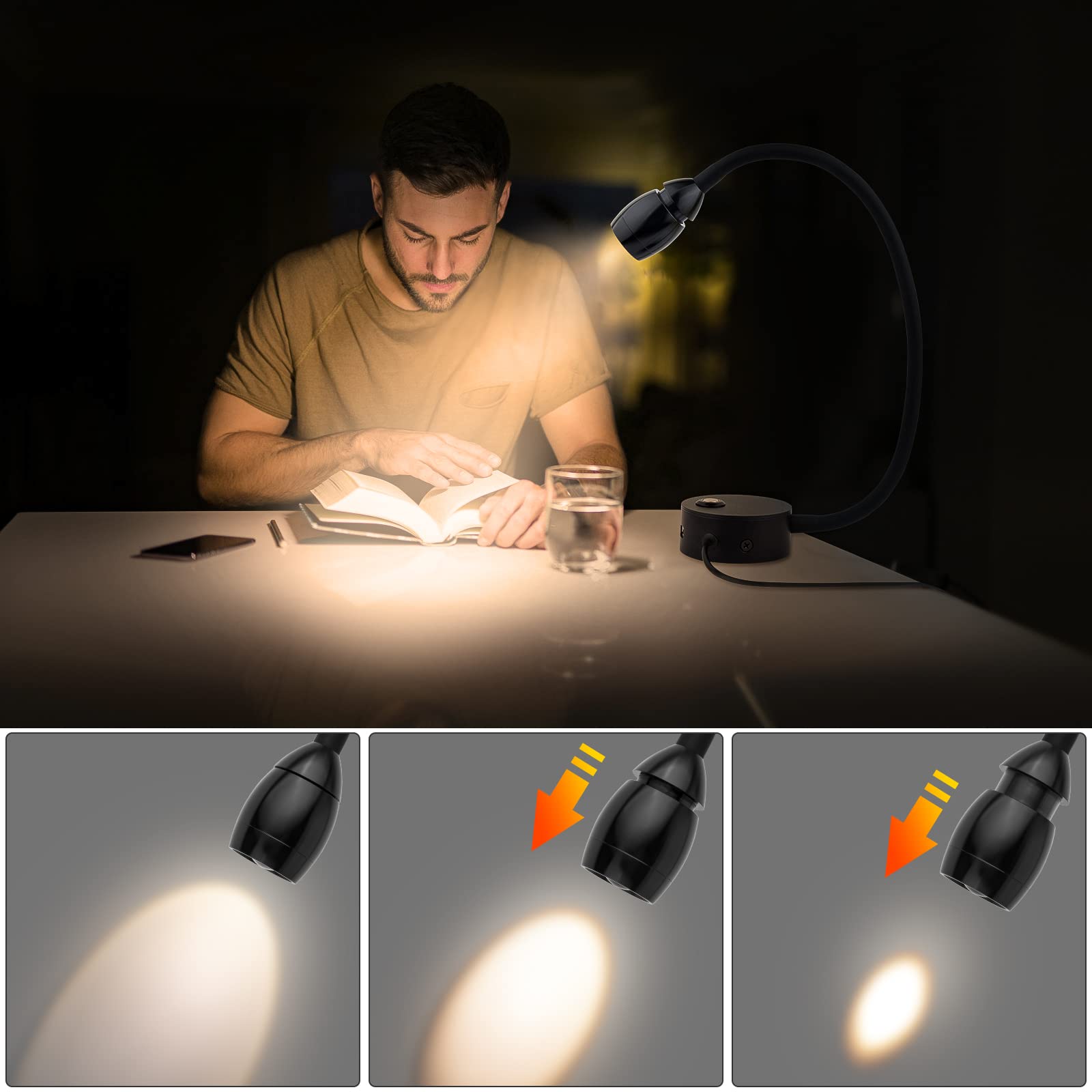 ERAY Wall Mounted LED Reading Light, 15in Flexible Gooseneck, Dimmable Warm Light, Touch Control, 2 Pack, Aluminum, Model E271-2