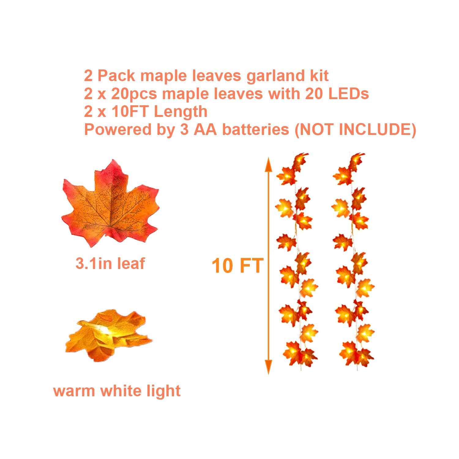 BBPOOL 20Ft Fall Garland String Lights - 40 LED Lighted Maple Leaves for Thanksgiving & Halloween Decor (2 Pack) - White
