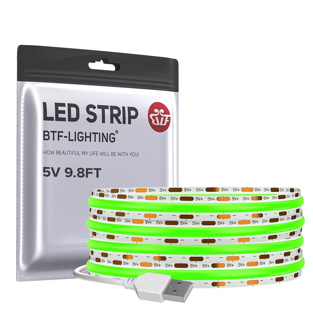 BTF-LIGHTING FCOB USB Powered Green Color COB LED Band Lights 9.8FT 960LEDs 5V 8mm Width 90+ High CRI Ultra Bright Flexible Light for TV Backlight Display Cabinet PC DIY Decor