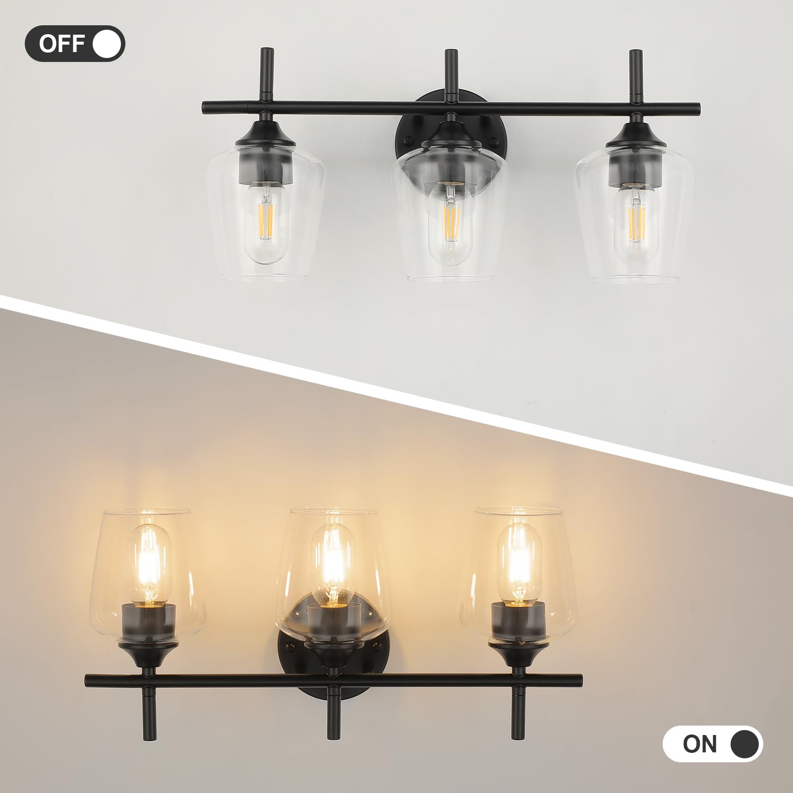 foucasal Bathroom Vanity Light Fixtures, 3-Light Black Metal Lighting, Modern Design with Clear Glass Shade, Model ULB0046H