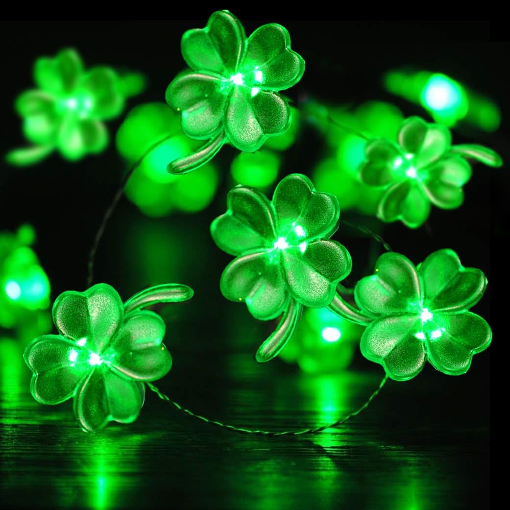 BOHON St Patricks Day Decorations Shamrocks String Lights Battery Operated with Remote 10 ft 40 LEDs Lucky Clover Green Lights for Bedroom Party Feast of Saint St. Patrick's Day Decoration