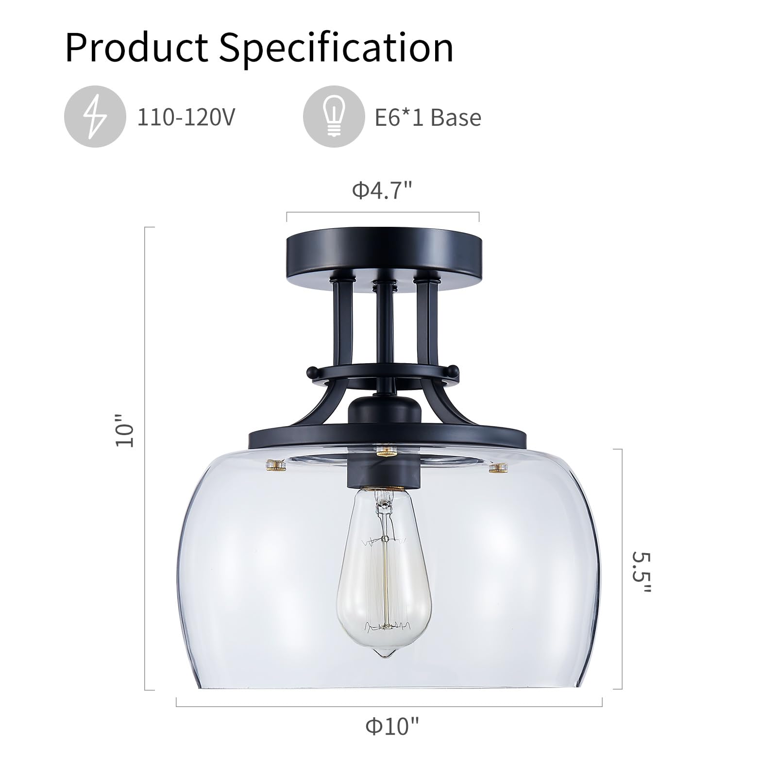 WUZUPS Rustic Farmhouse Chandelier, Black Semi-flushmount LED Light, 10" Wide, Clear Glass Shades, Model USHD30306