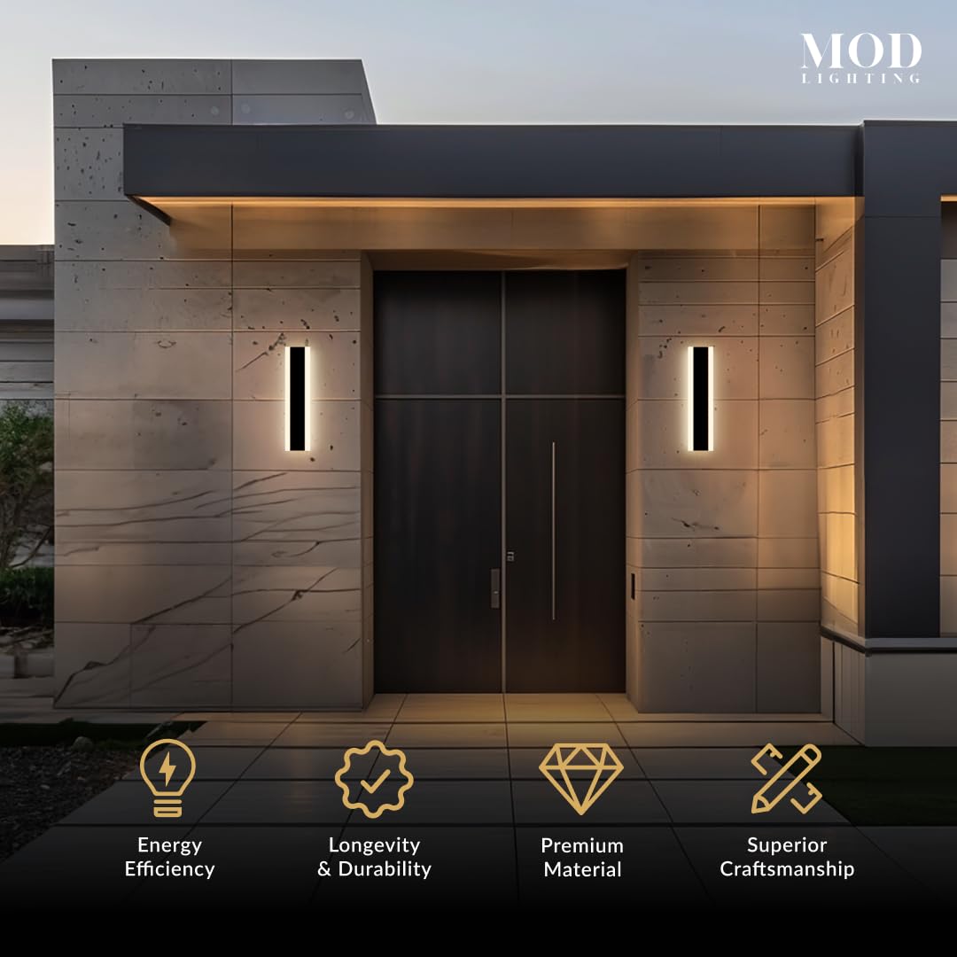 MOD LIGHTING Waterproof Outdoor Wall Light, LED Dimmable 3000K-6000K, 12" Black, Model MOD000-BK-12-DM, Patio Sconce