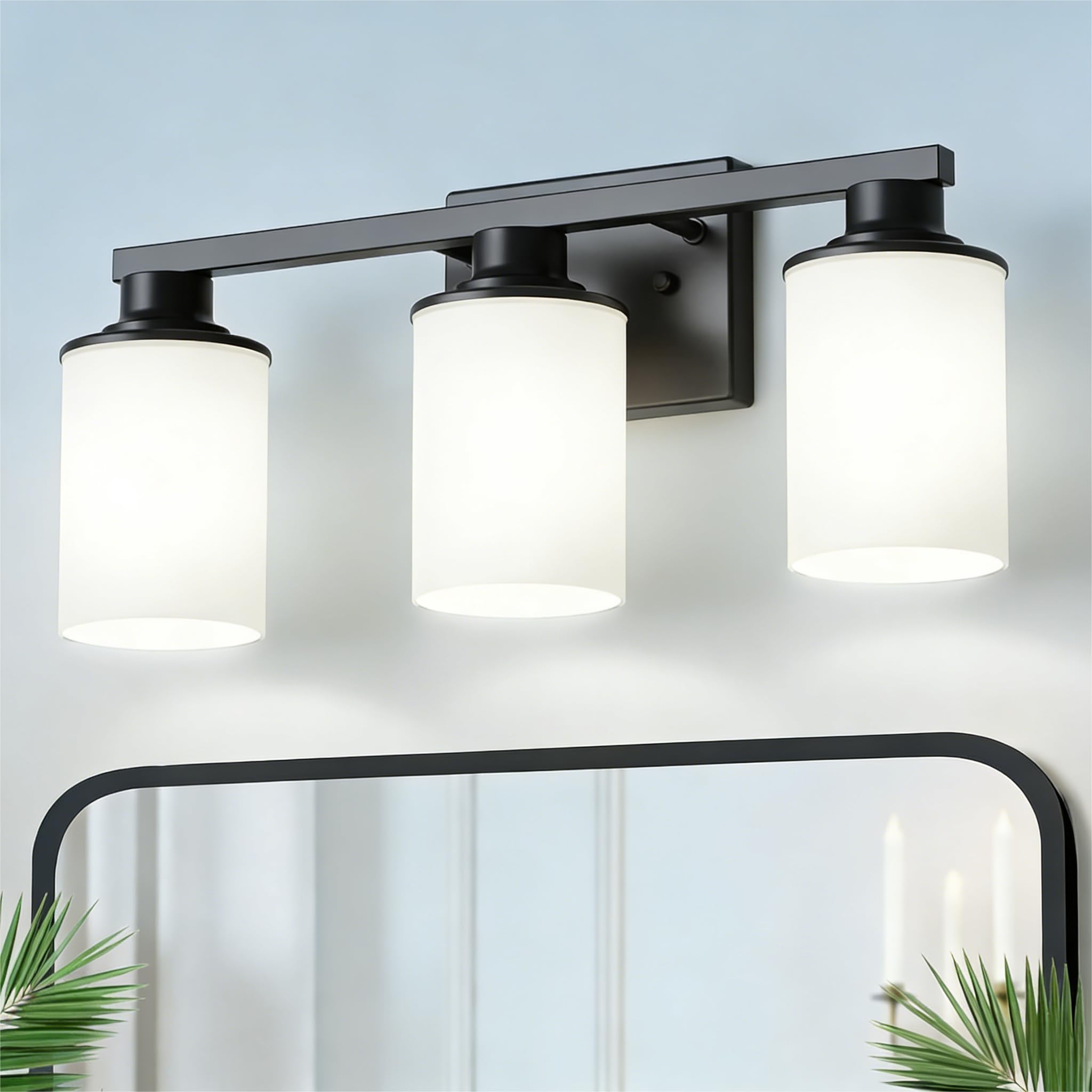 DORESshop 17 Inch Bathroom Light Fixtures  3-Light Black Bathroom Vanity Light Over Mirror with Milk Glass Shade  Vanity Lights for Living Room Bedroom