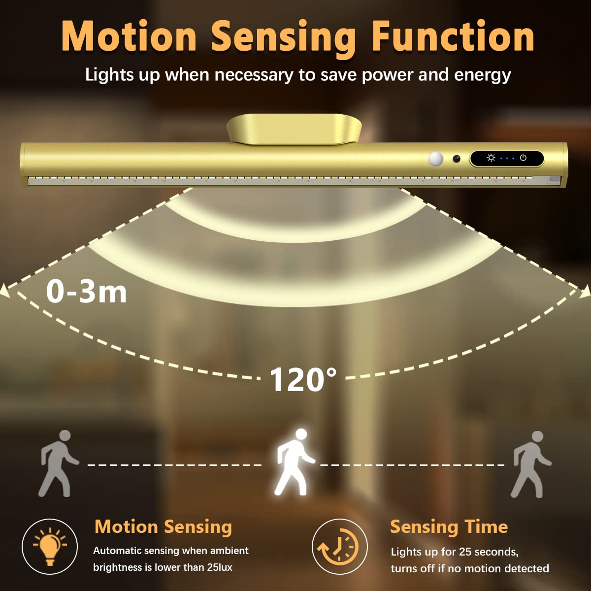 bravzurg Battery Powered Wall Strip Lights, Motion Sensor LED Light Bar, Rechargeable, Magnetic, Gold, Model YZYP350-GD03