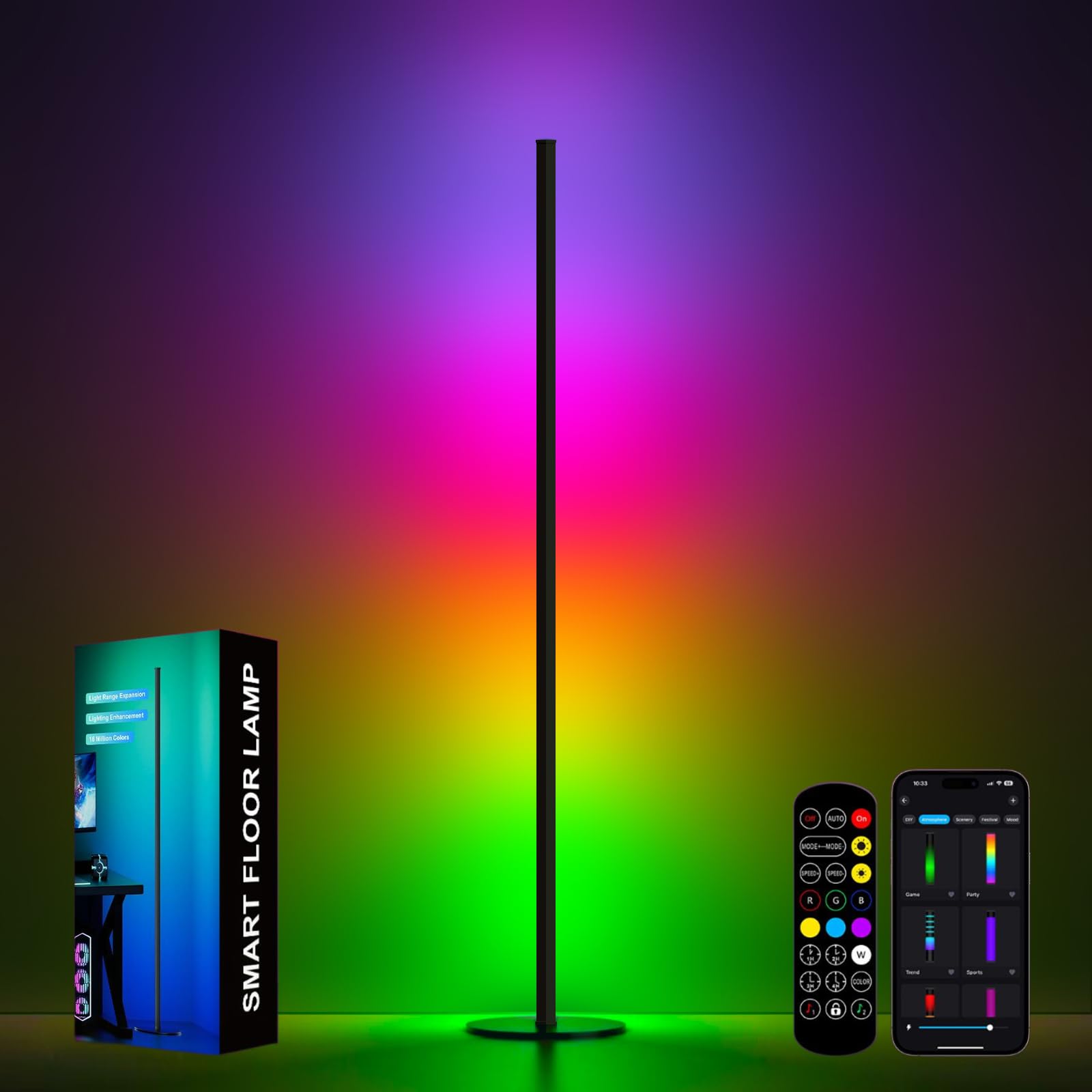 RGB IC Corner Floor Lamp, Upgraded LED Corner Lamp APP and Remote Control, 16 Million Colors and Warm White, Music Sync, Timing