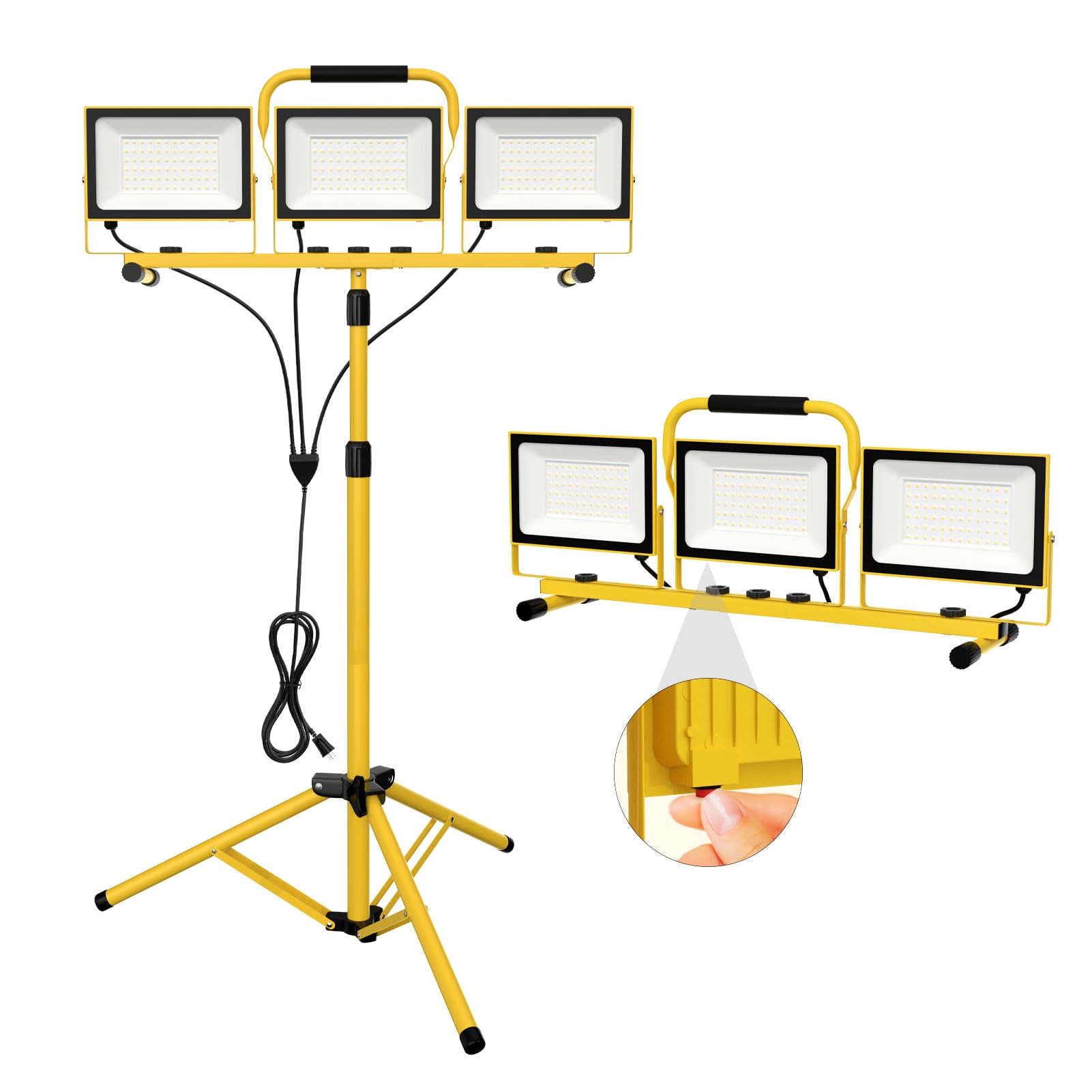 21000 Lumens Work Lights With Stand, 3 Adjustable Head Led Work Light, Waterproof Portable Lights With Individual Switch, Led Flood Light With 72 Inch Adjustable Metal Telescoping Tripod