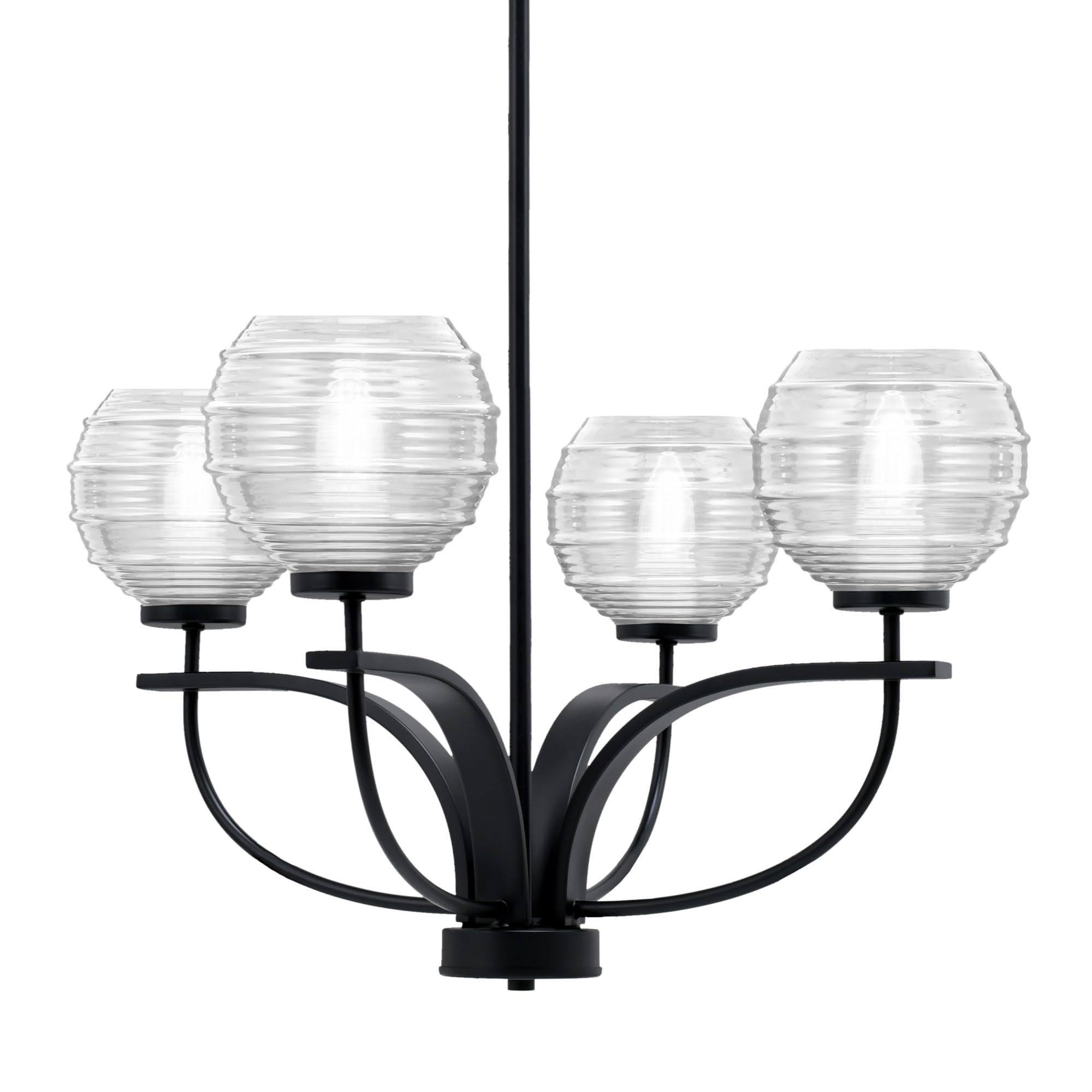 Toltec Lighting Cavella 4 Light Chandelier Shown in Matte Black Finish with 6&quot; Clear Ribbed Glass