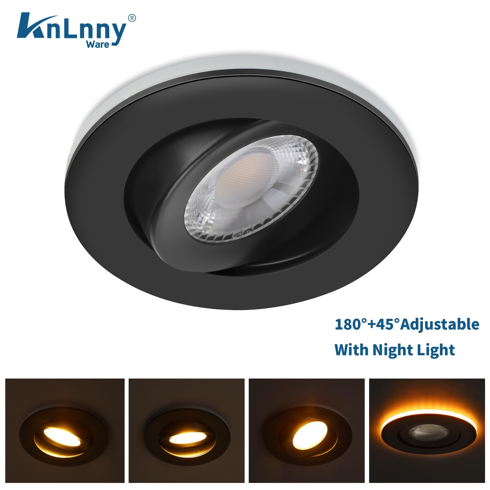 KnLnny Ware 4 Inch Black Recessed Lights, 6 Pack, Dimmable, 9W 750LM, Gimbal with Night Light, Aluminum, Model Light2025001