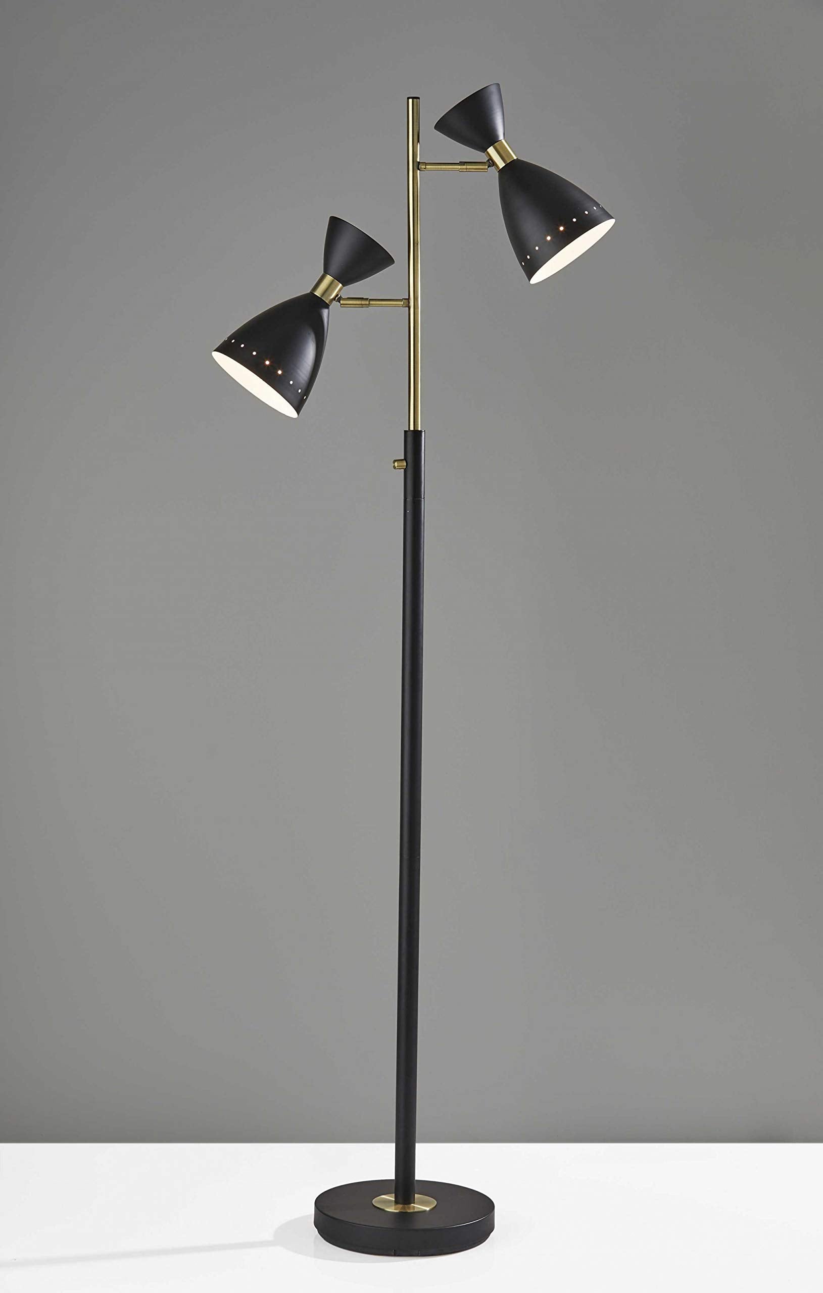 HomeRoots Two Light Floor Lamp, Brass and Black Metal, Modern Design