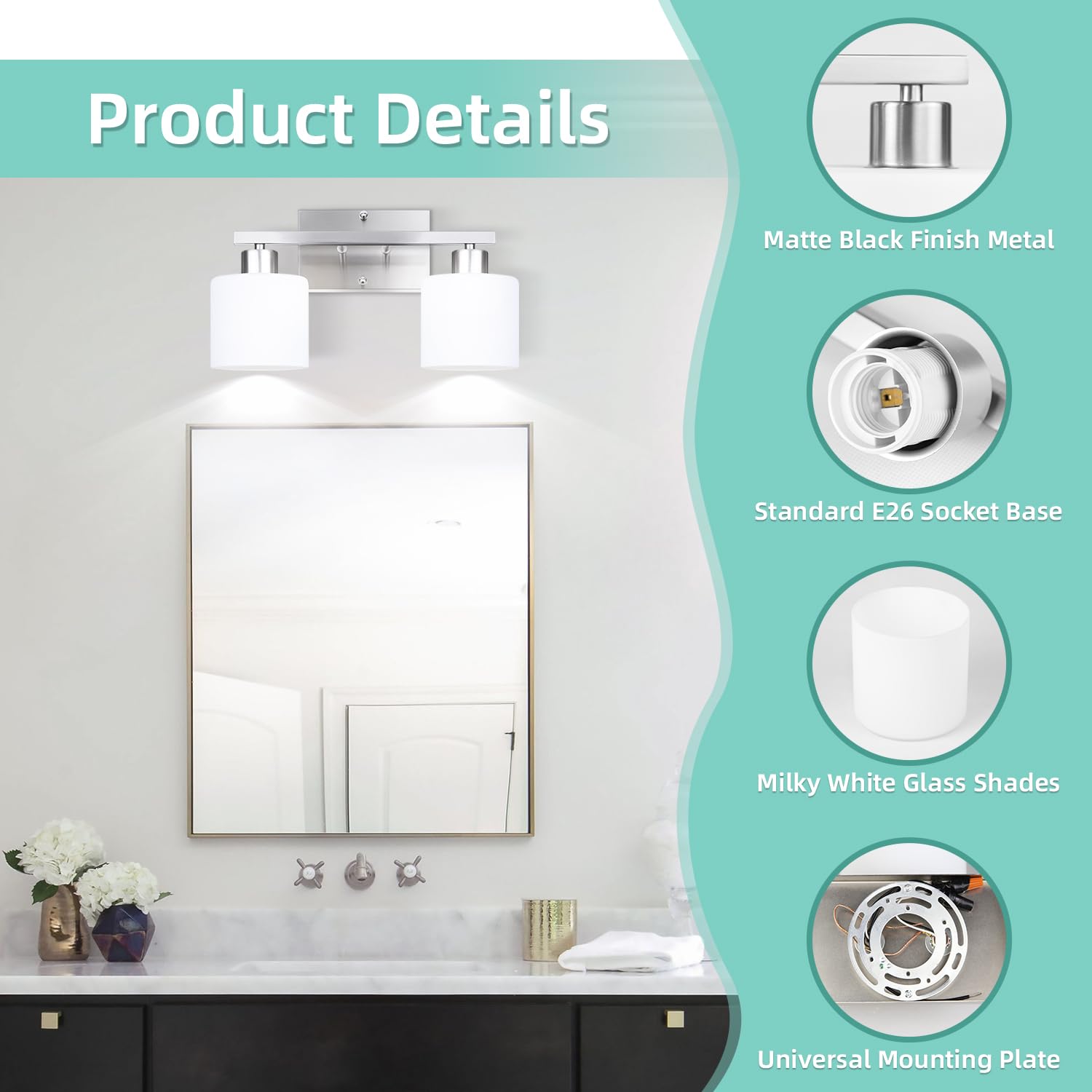 SILAMPDI 2-Light Bathroom Vanity Lights Brushed Nickel Metal Wall Sconces with Milky White Glass Shades, Model SLD-JQD-001