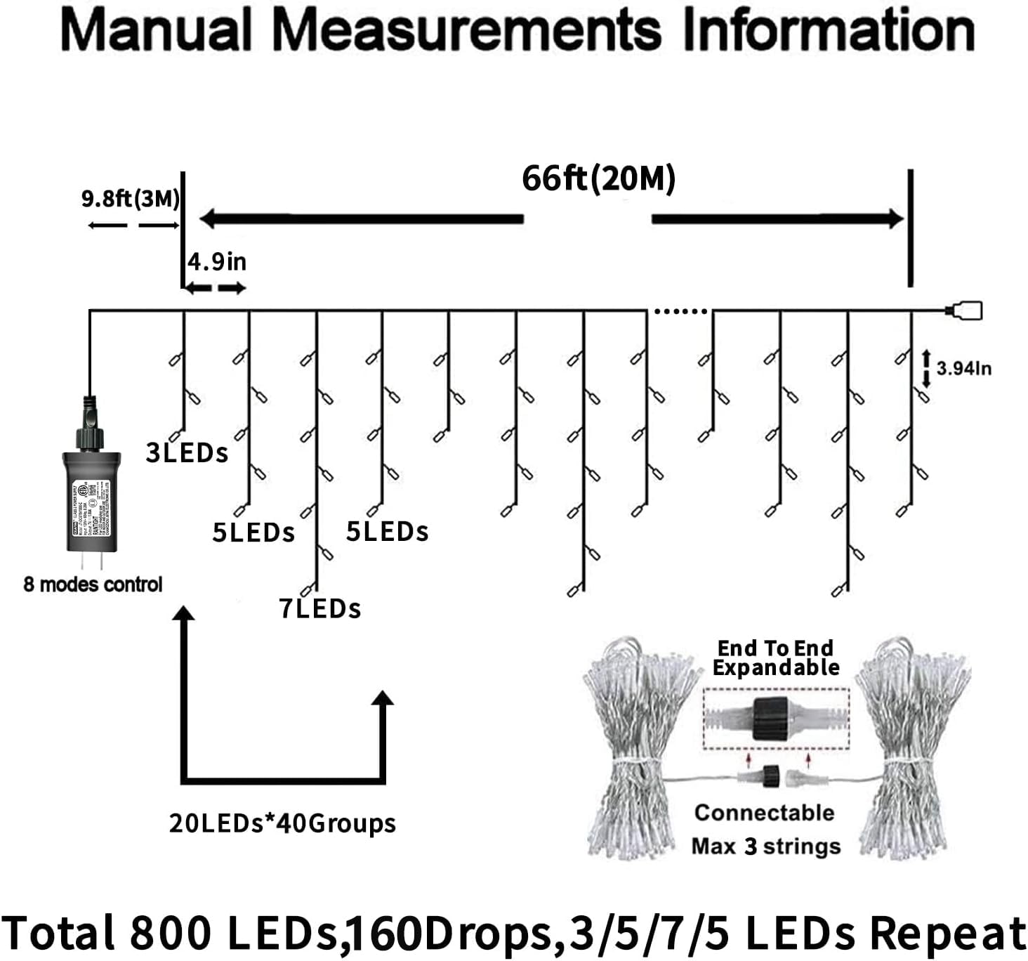 Yeguo 66Ft 800 Led Blue Icicle Lights Outdoor Waterproof, 160 Drops Icicle String Lights Connectable, 8 Modes Icicle Christmas L