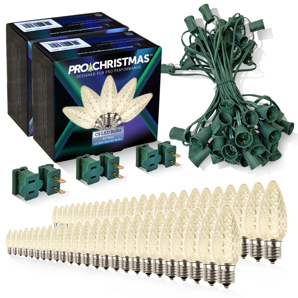 Pro Christmas C9 LED Christmas Light Kit for Rooflines & Pathways - DIY Cut to Length  Outdoor Commercial Grade (Green Wire w/Vampire Plugs  50 Bulbs  50 ft) Warm White