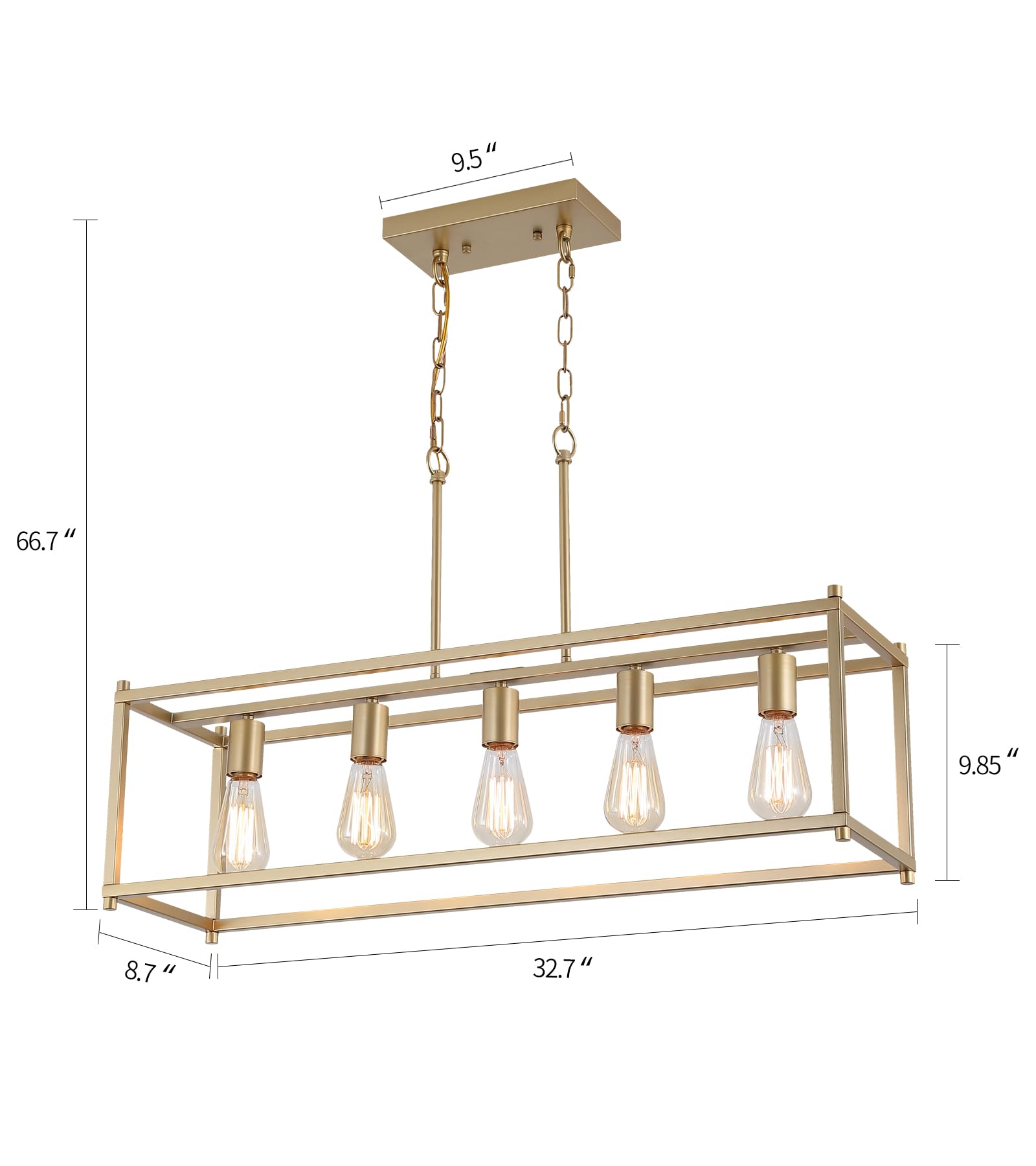 AMZASA Gold Industrial Chandelier, 5 Lights Rectangular Kitchen Island Light, UL Listed, Iron, 32.7x8.7x66.7 inches