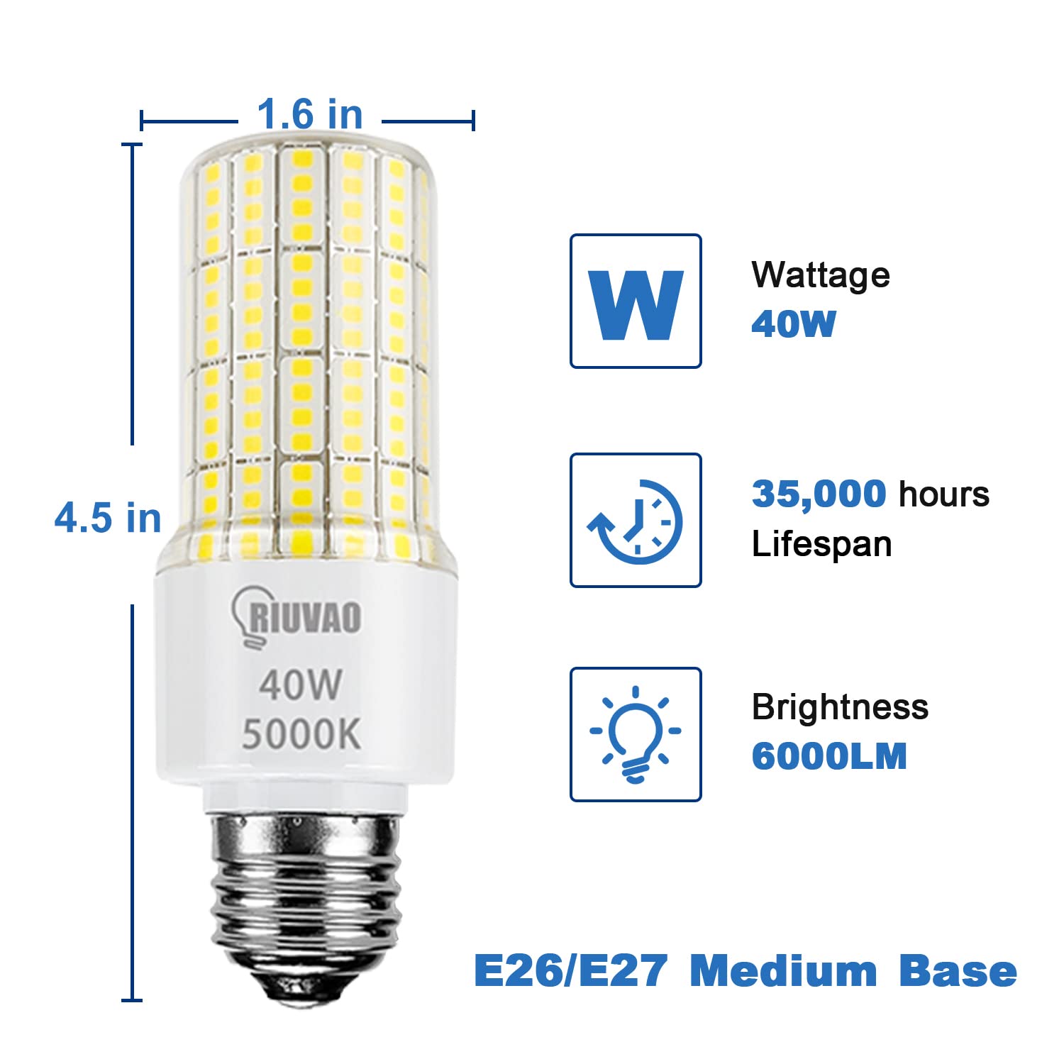 Riuvao 300W Equivalent Led Bulbs, 5000Lm Cool Daylight White, E26/E27, 2
