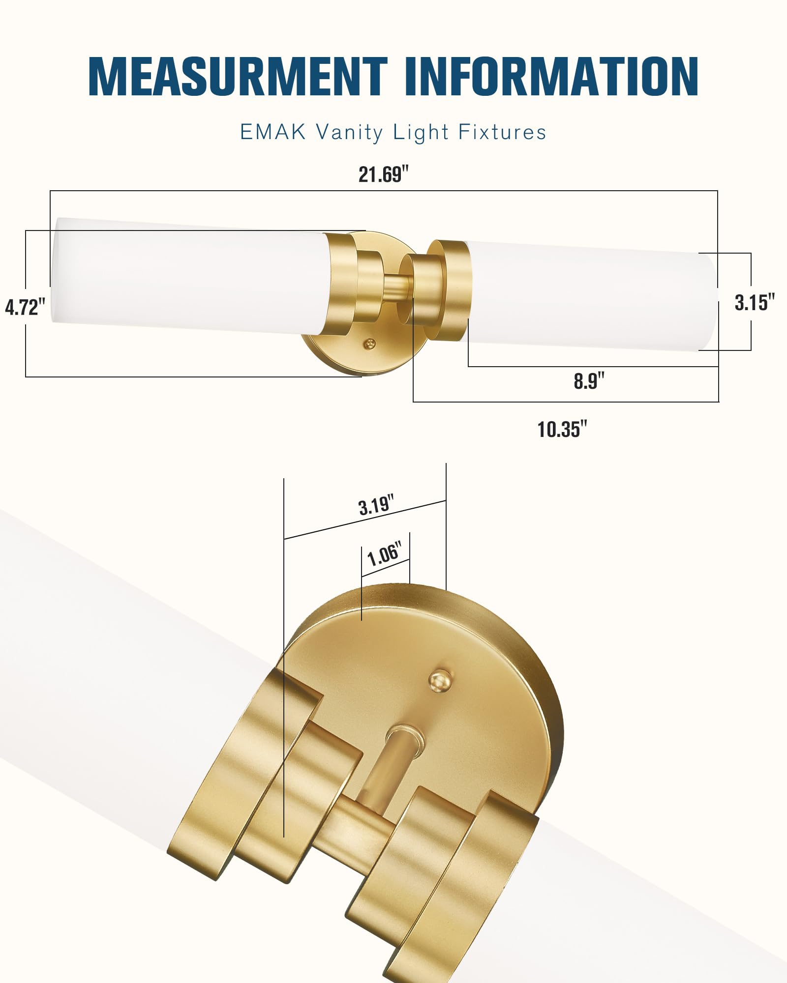 Emak 22" Gold Bathroom Light Fixtures - Modern Wall Sconce Set with Milk Glass Shade, Model VL085-GDL-ML-2-2PK, 2 Lights