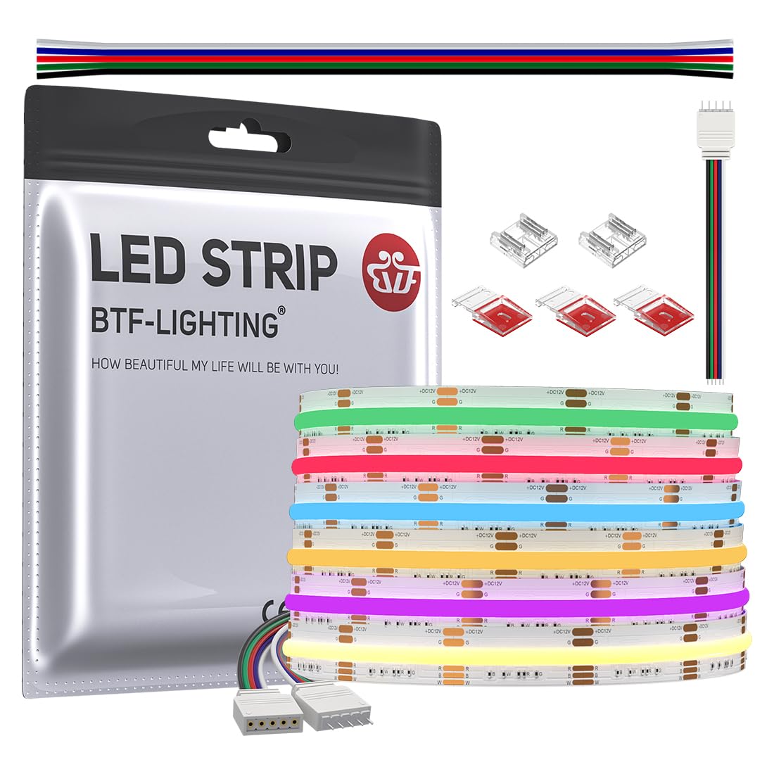 BTF-LIGHTING FCOB LED Strip 3000K RGBW 16.4FT DC12V Flexible Light 12mm Width