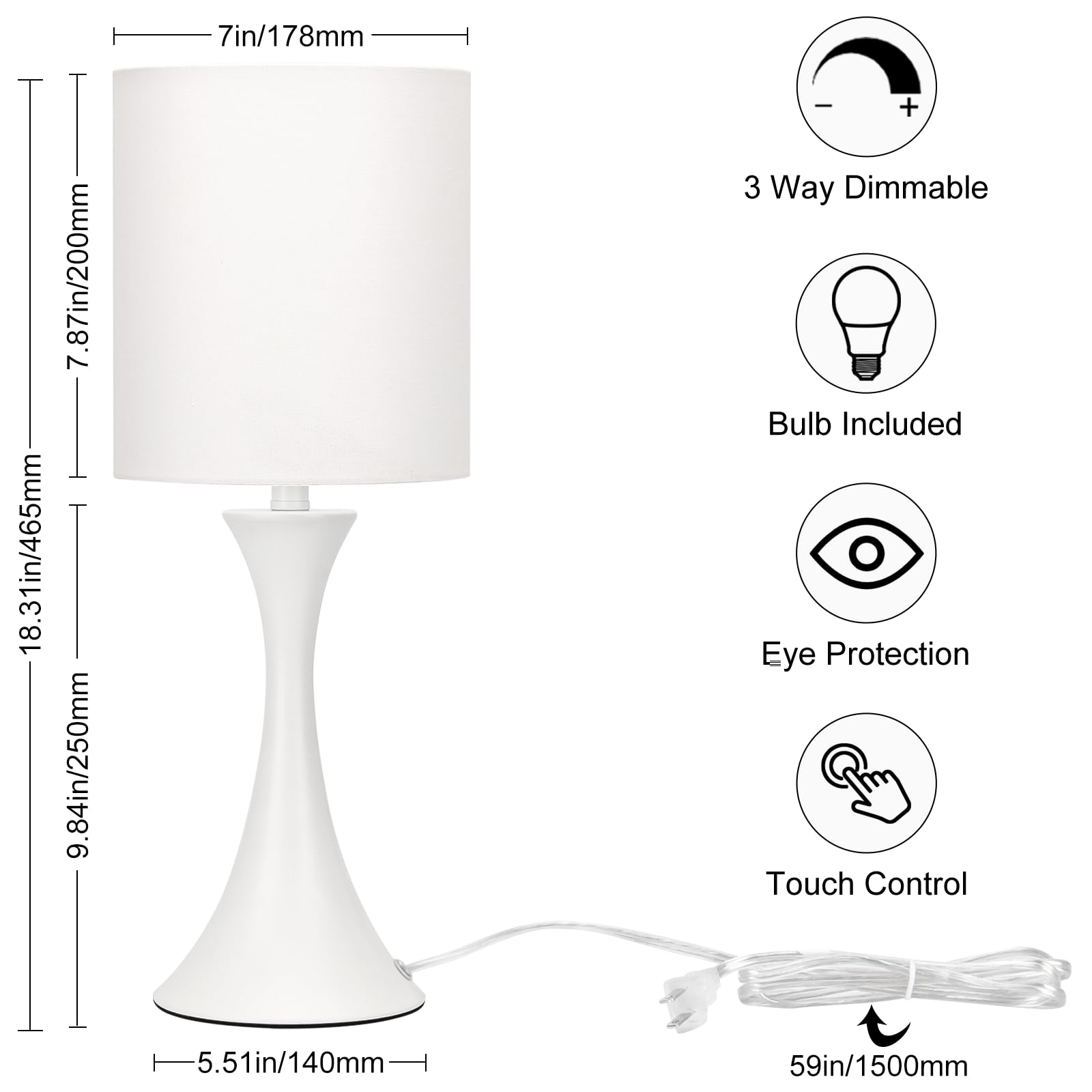 Modern Table Lamps, 3 Way Touch Control Table Lamp, Dimmable Desk Lamp, White Nightstand Lamp With Fabric Shade, Small Bedside L