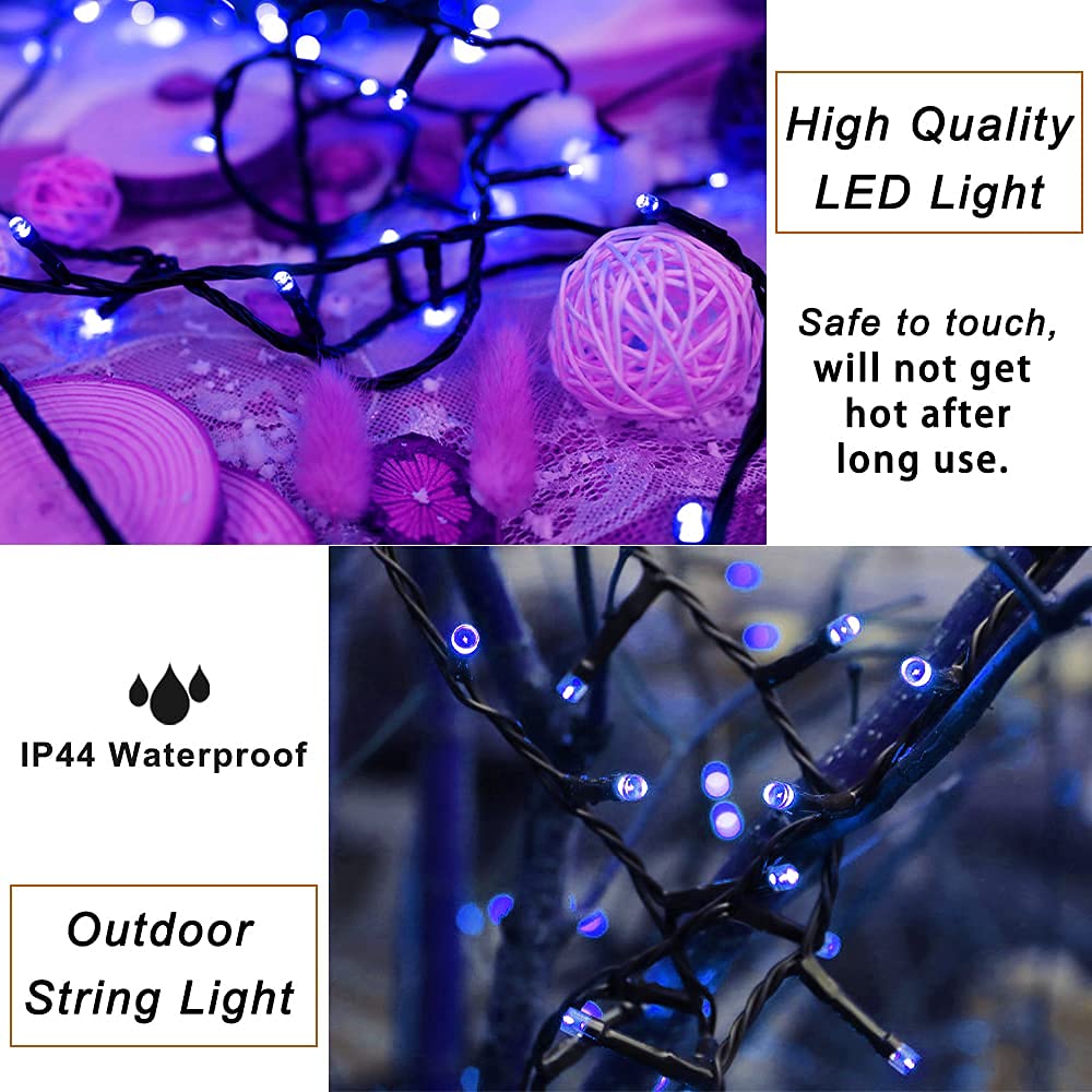 Pooqla 200 LED Blue String Lights, 66 ft Indoor/Outdoor, 8 Modes, PVC, Green Wire