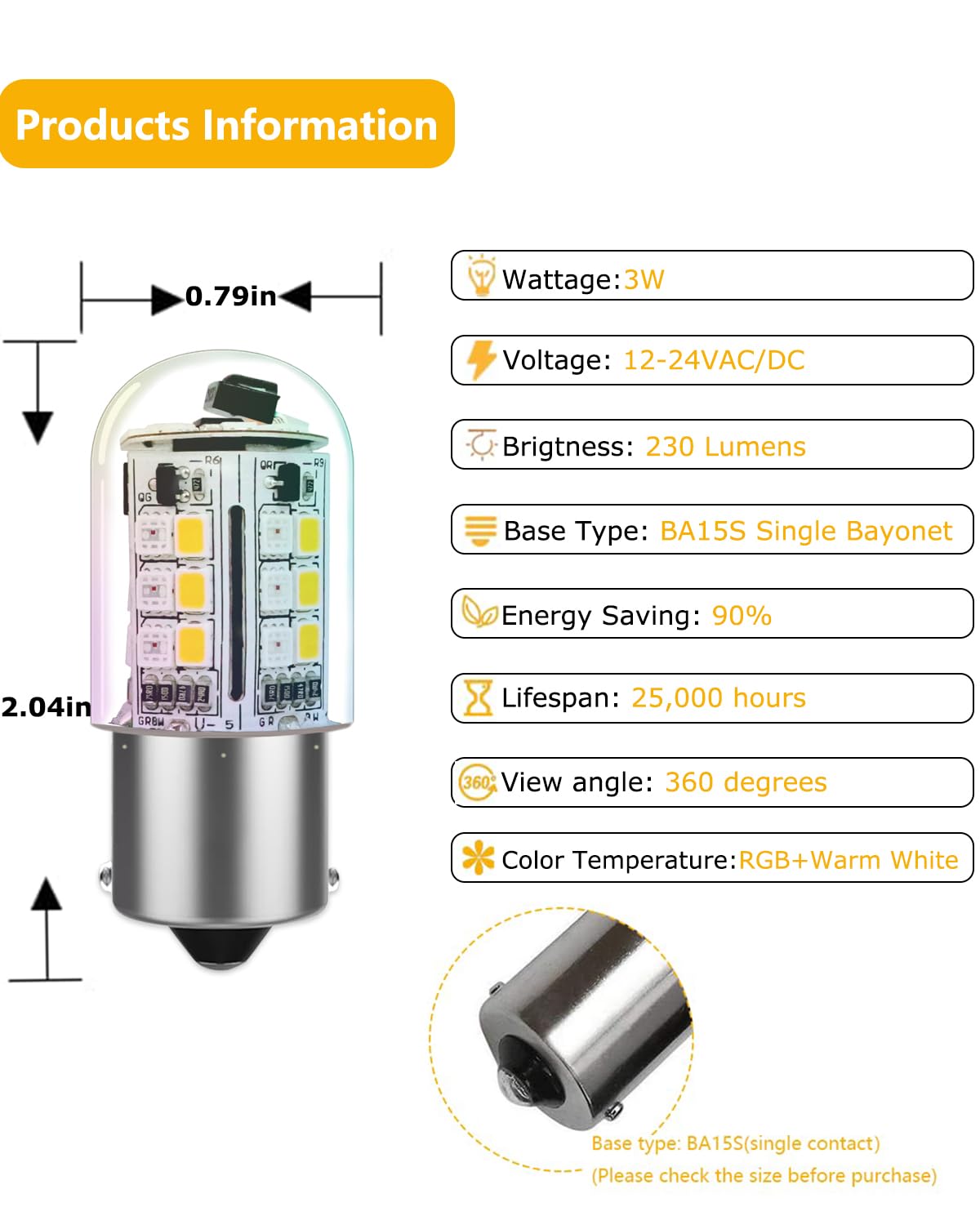 Cheopha 3W BA15S RGB Color Changing LED Bulb, 12V, Glass, RGB+Warm White, 2-Pack for Christmas & Landscape Lighting