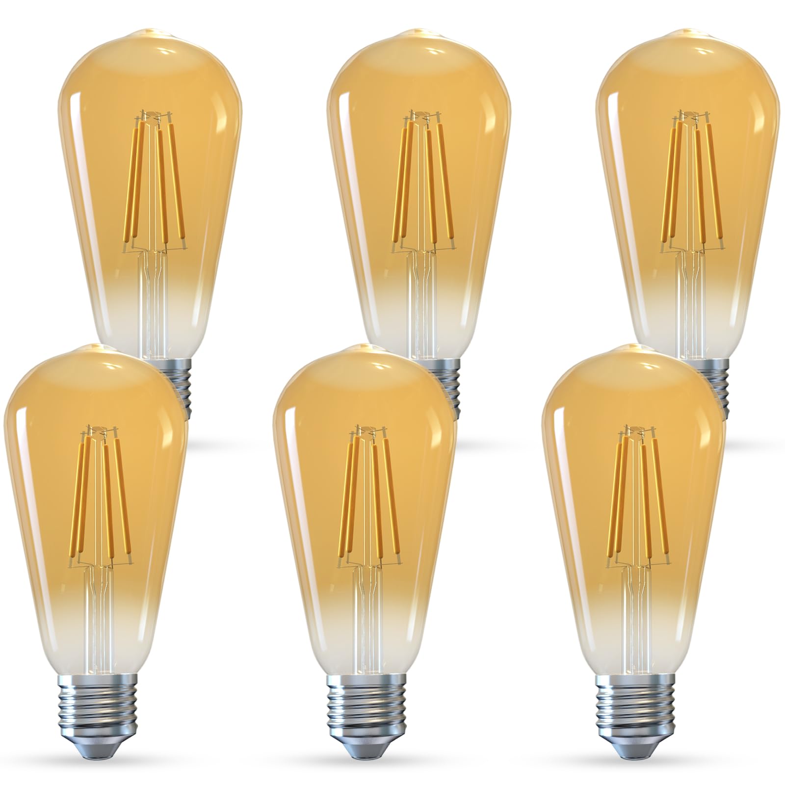 Jensense Edison LED Light Bulbs 7W Dimmable 800 Lumen 2300K Warm White E26 Amber Glass 6 Pack