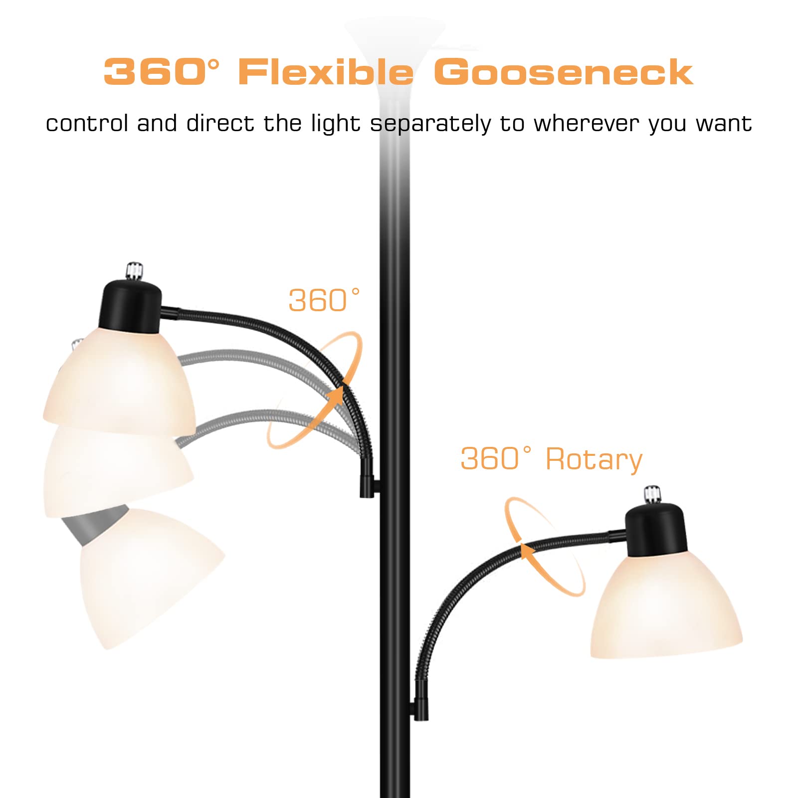 Luvkczc 72" Tall Torchiere Floor Lamp with 8W Adjustable Reading Lights, Black, Large, Model L-53008-04, 3 Bulbs Included