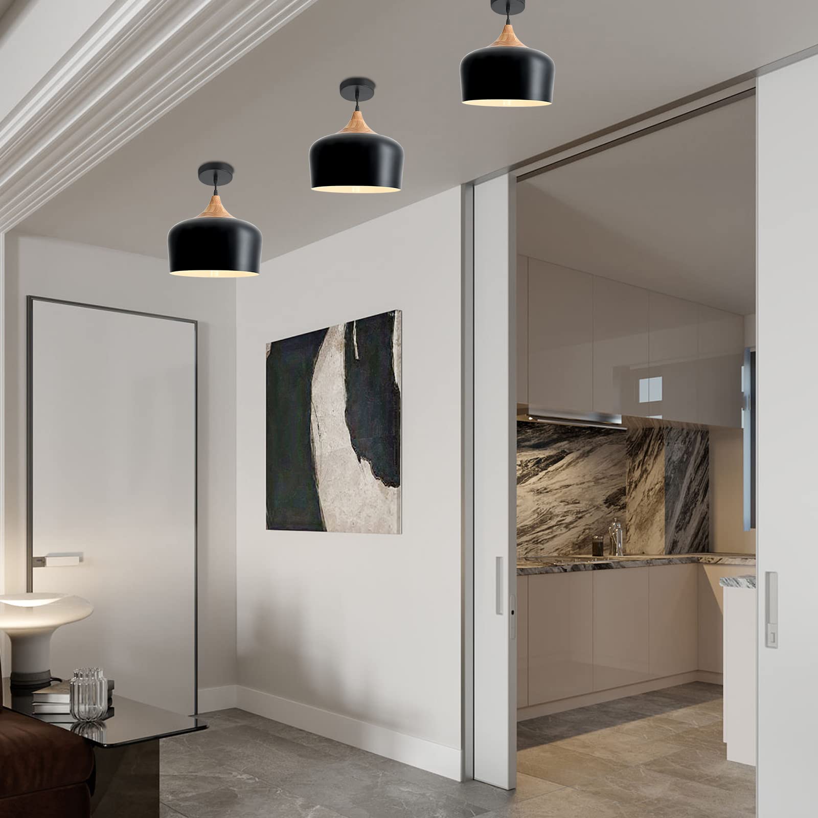 Eustace Modern Lantern Pendant Light - Black Wooden Dome Ceiling Fixture for Kitchen Island, Dining Room, Living Room - EU8920