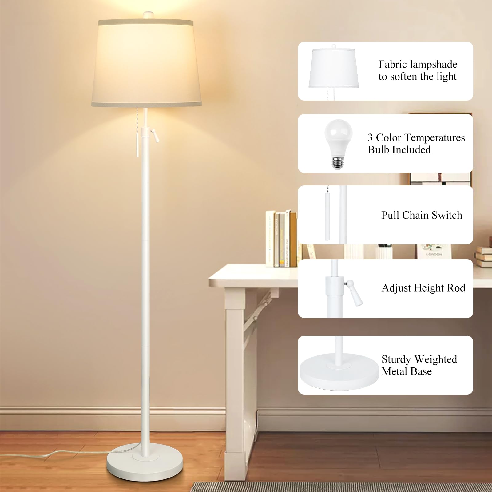 JUNNAI Adjustable White Floor Lamp - 55-65" Modern Metal & Fabric Shade for Living Room, Bedroom, Office, Nursery - 9W LED Bulb Included